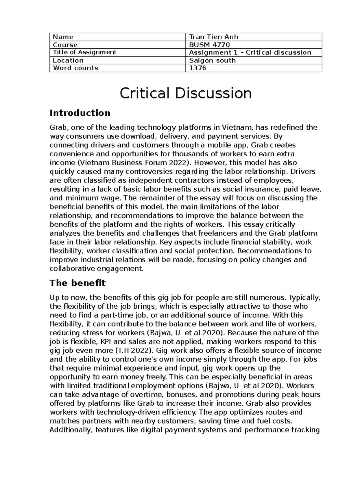 BUSM 4770 - Assignment 1: Critical Discussion on Grab's Gig Economy ...