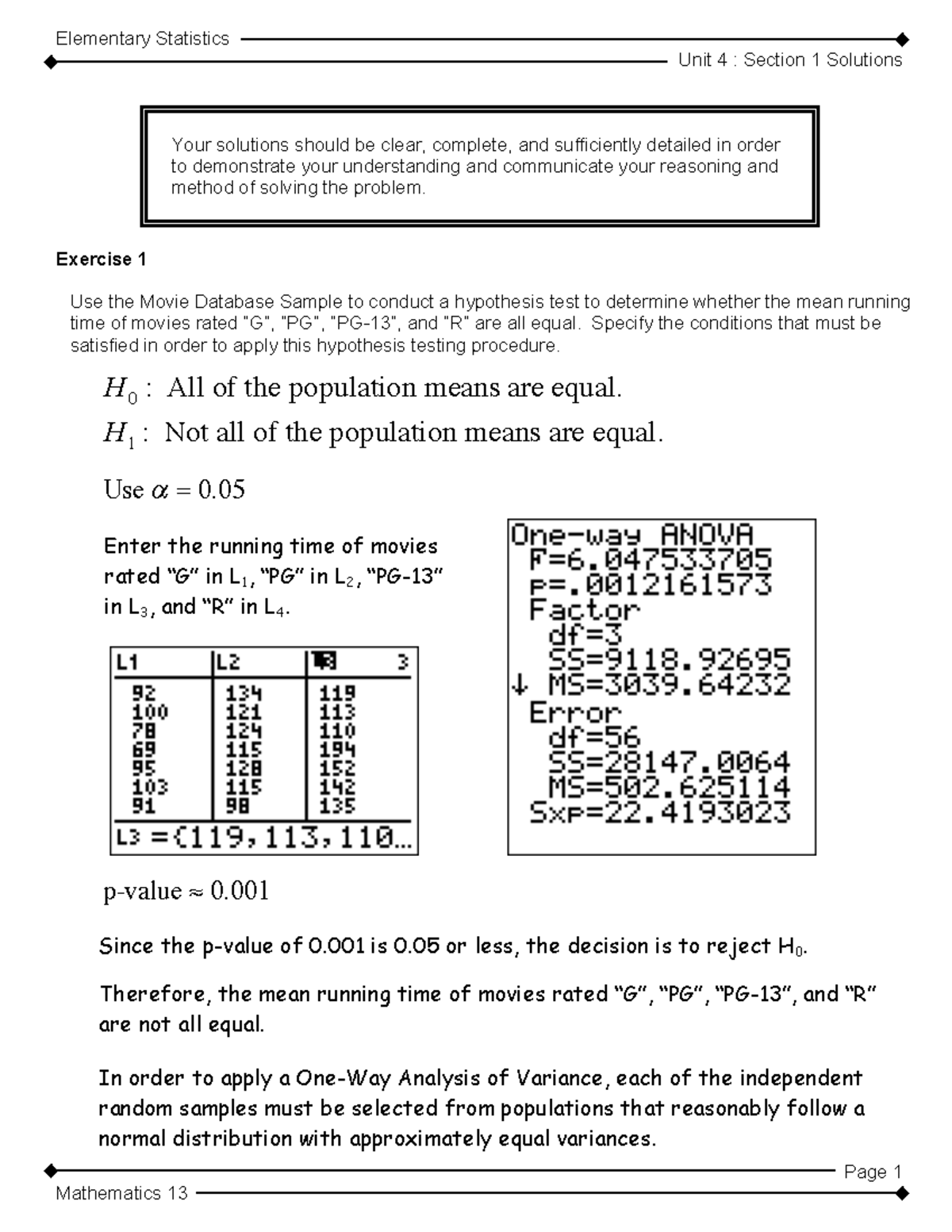 Elementary Statistics MATH 13: Unit 4 Section 1 Solutions and Analysis ...