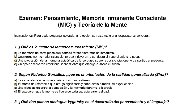 Examen Final: Pensamiento, Memoria Inmanente Consciente (MIC) y Teoría ...