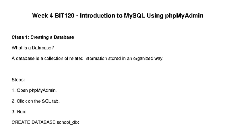 Week 4 BIT120 MySQL Basics: Creating Databases & Tables - Studocu