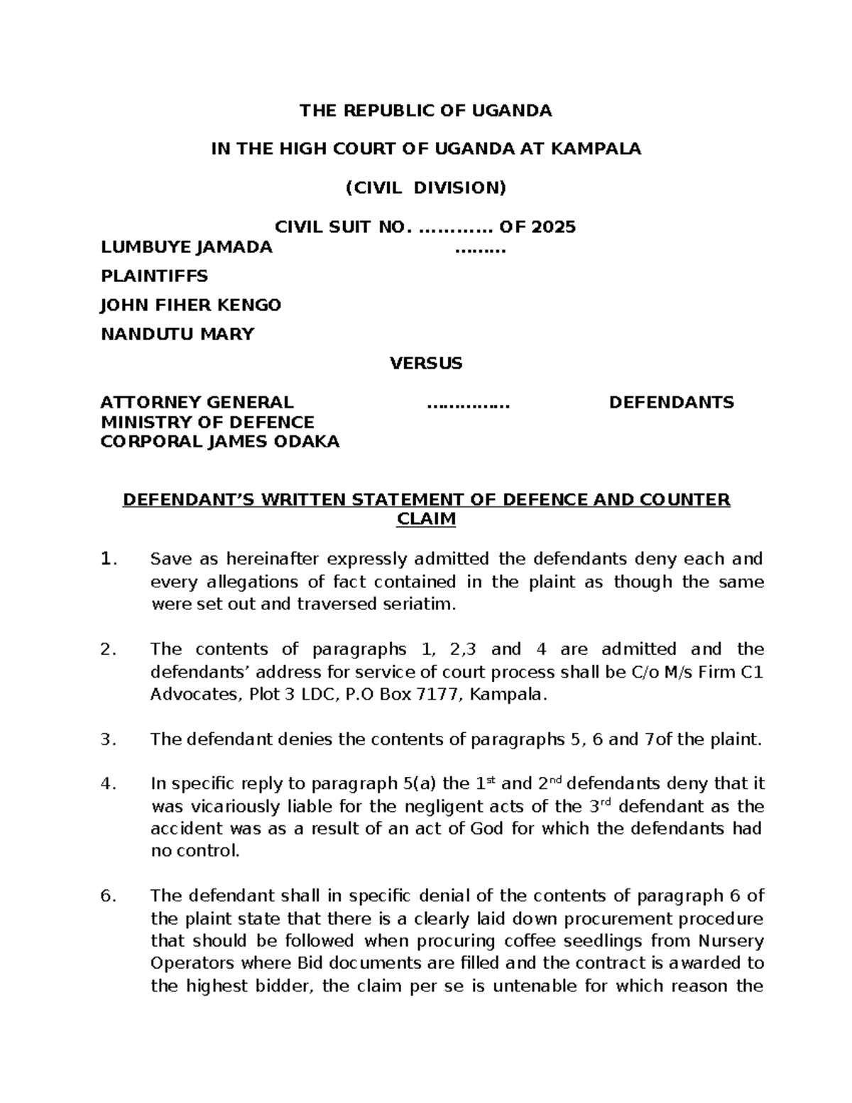 UCDA WSD - Civil Procedure Defence Statement & Counter Claim Details ...