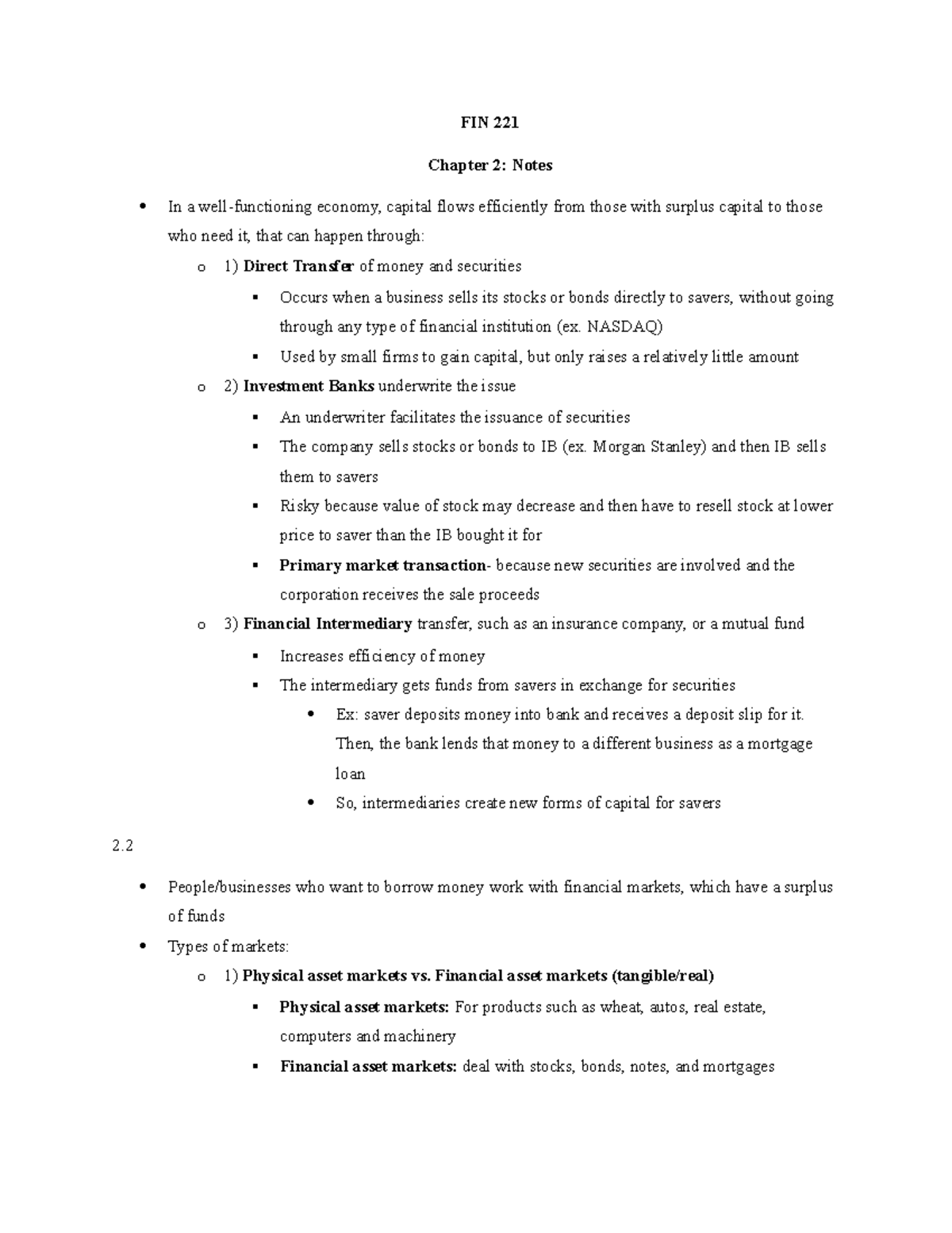 FIN 221 Chapter 2 - Detailed Lecture Notes on Financial Markets - Studocu