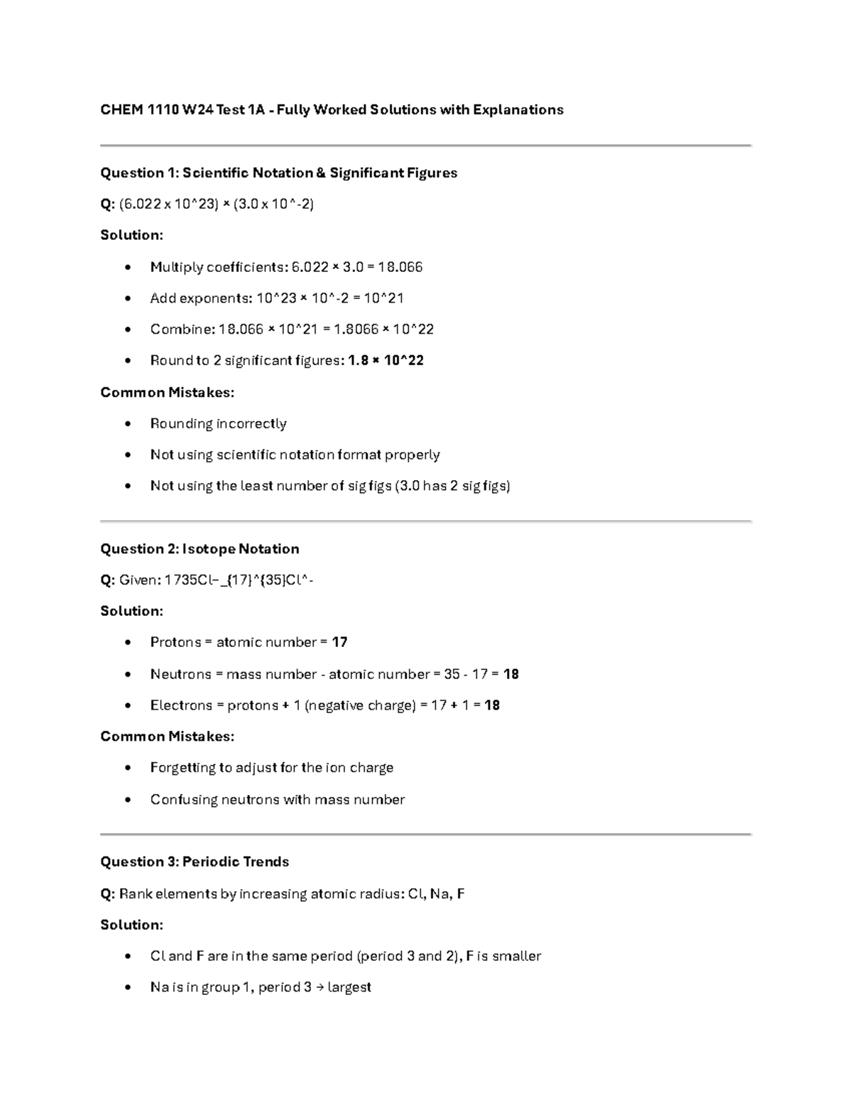 CHEM 1110 W24 Test 1A - Detailed Solutions & Common Mistakes for Quiz ...