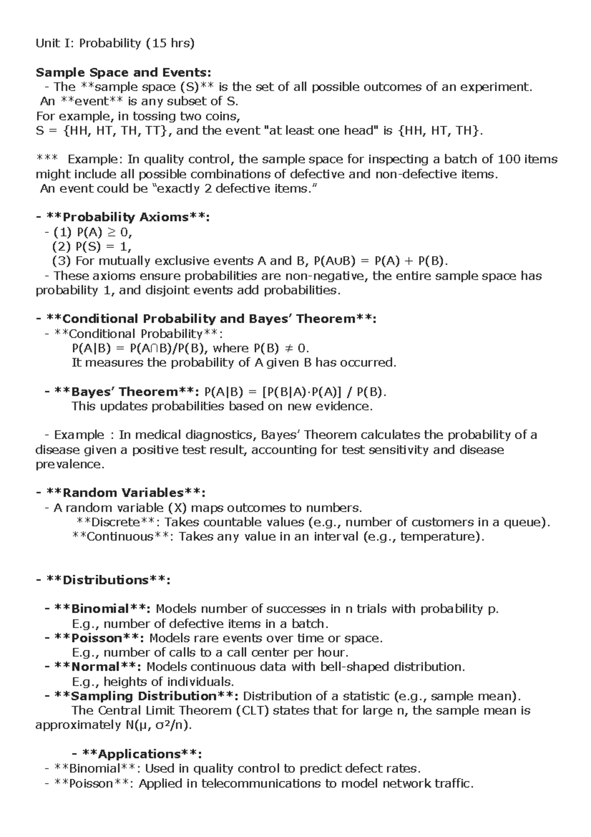 Unit I: Probability and Estimation Notes (BCA II SEM) - Studocu