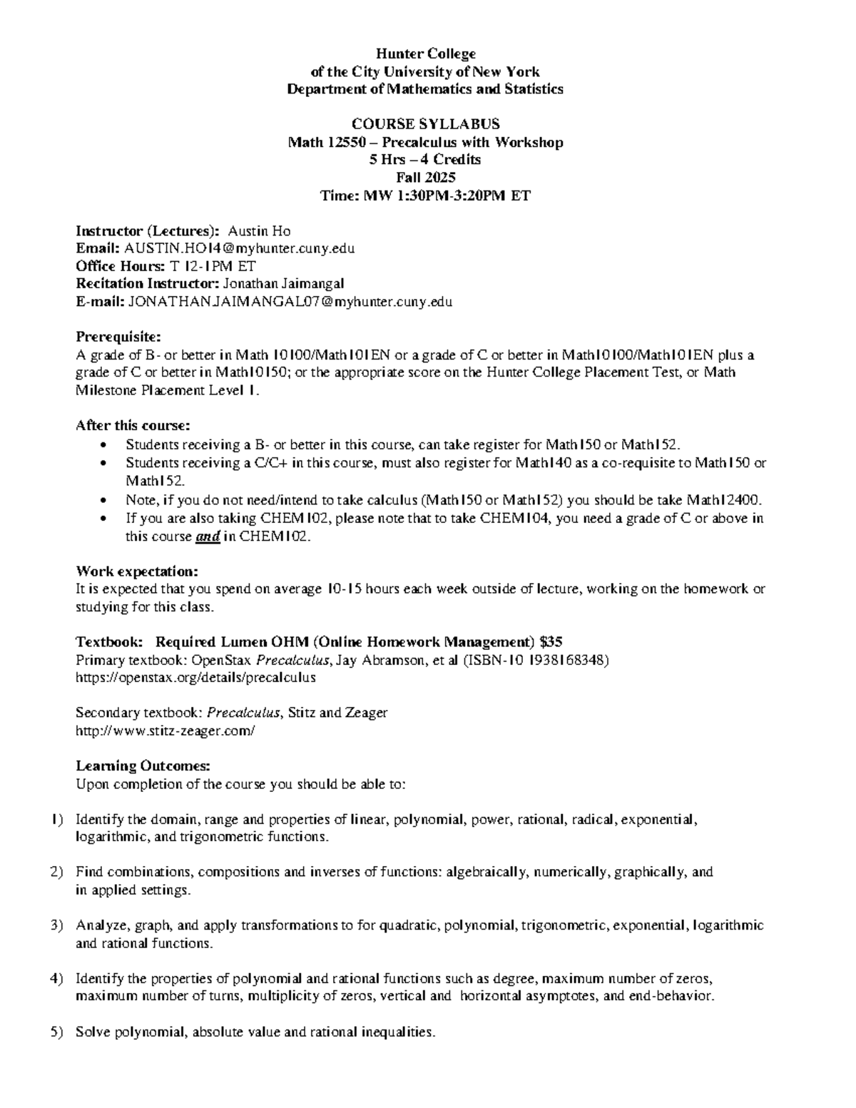 MATH 12550 Precalculus with Workshop Syllabus - Fall 2025 - Studocu