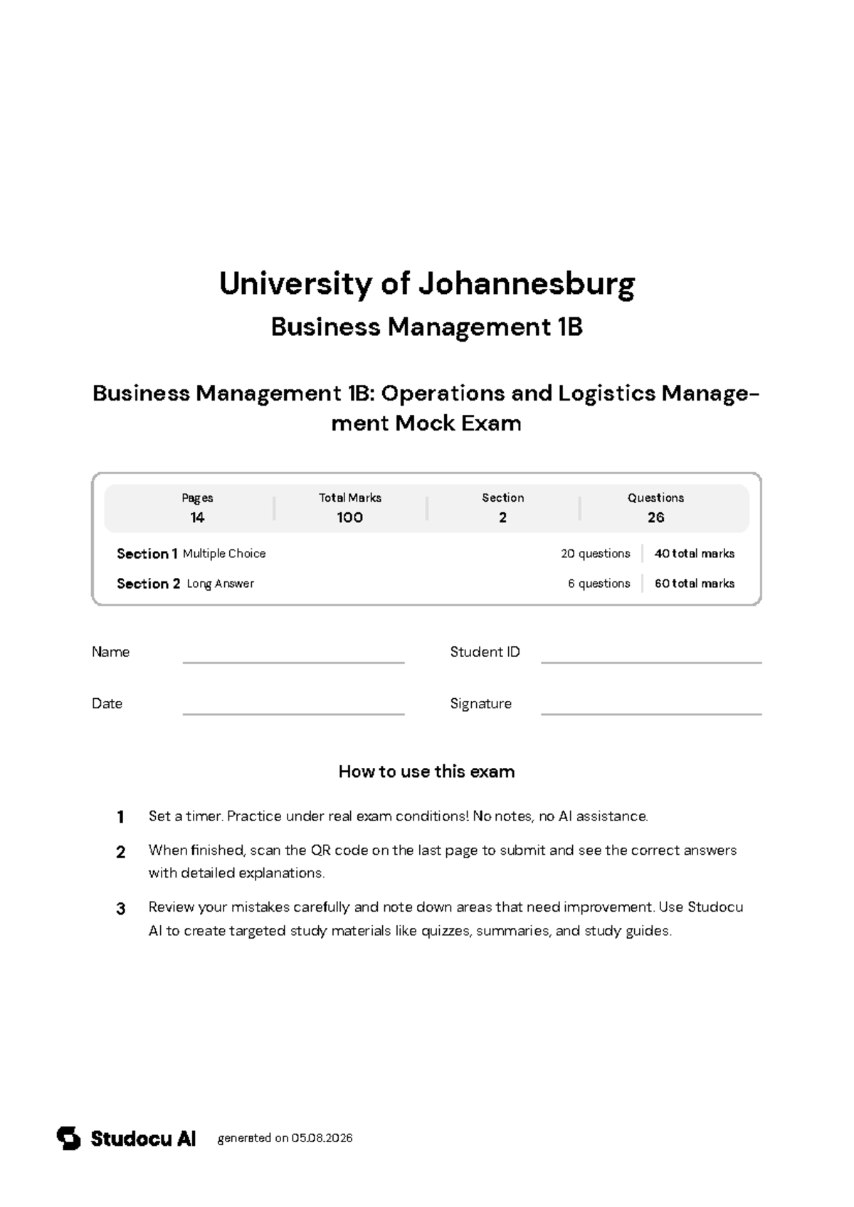Business Management 1B: Operations & Logistics Mock Exam - Studocu