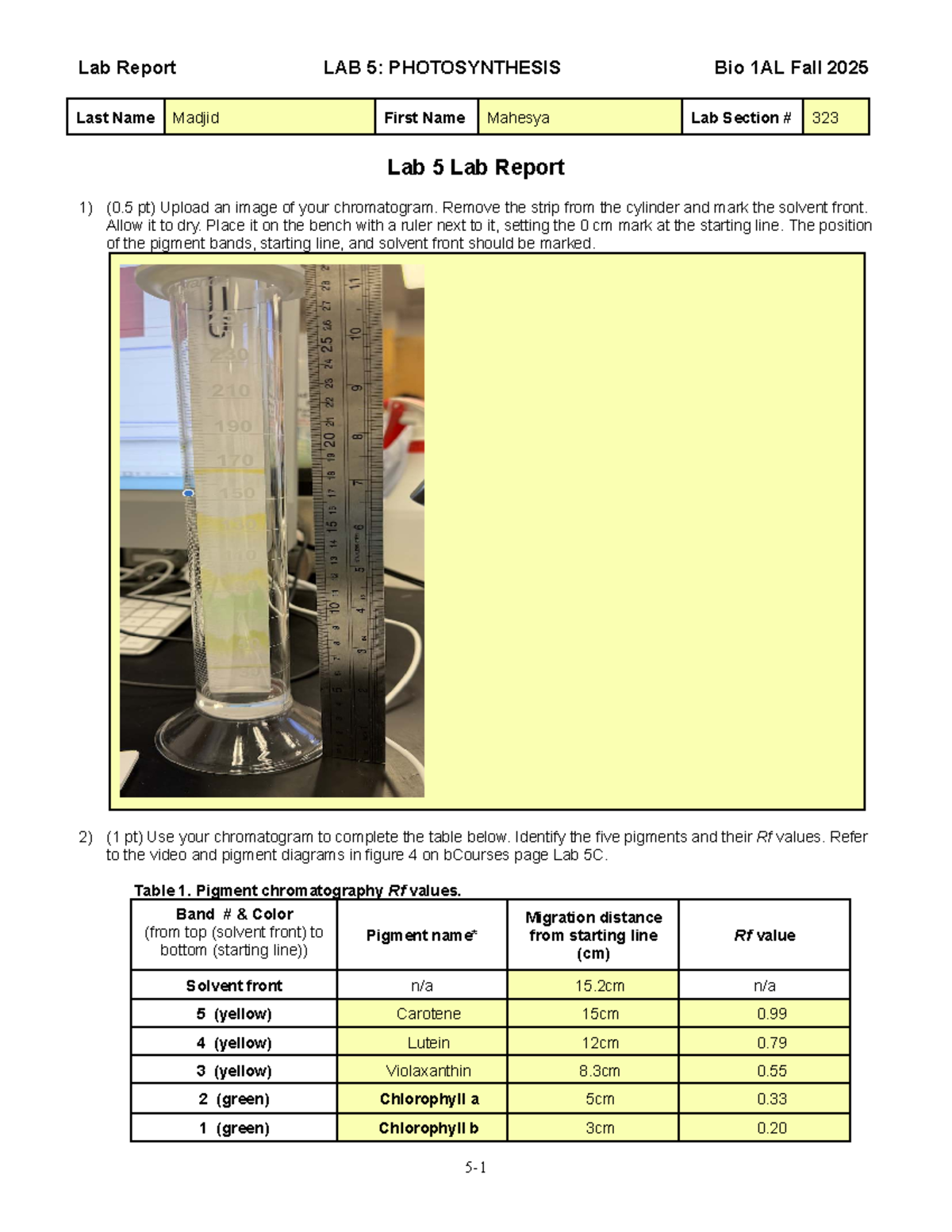 Lab 5: Photosynthesis Lab Report Bio 1AL Fall 2025 - Studocu