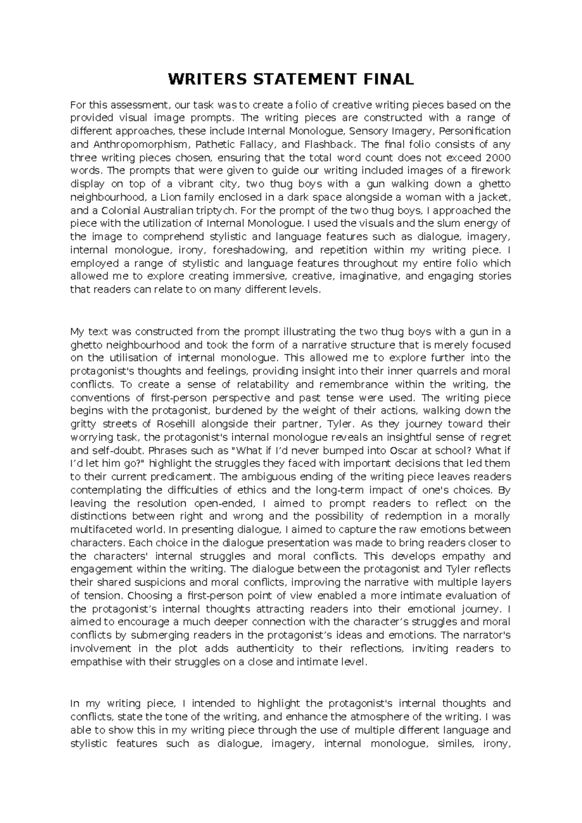 2ESH20-AT2-Creative Writing Folio & Writers Statement Final - Studocu
