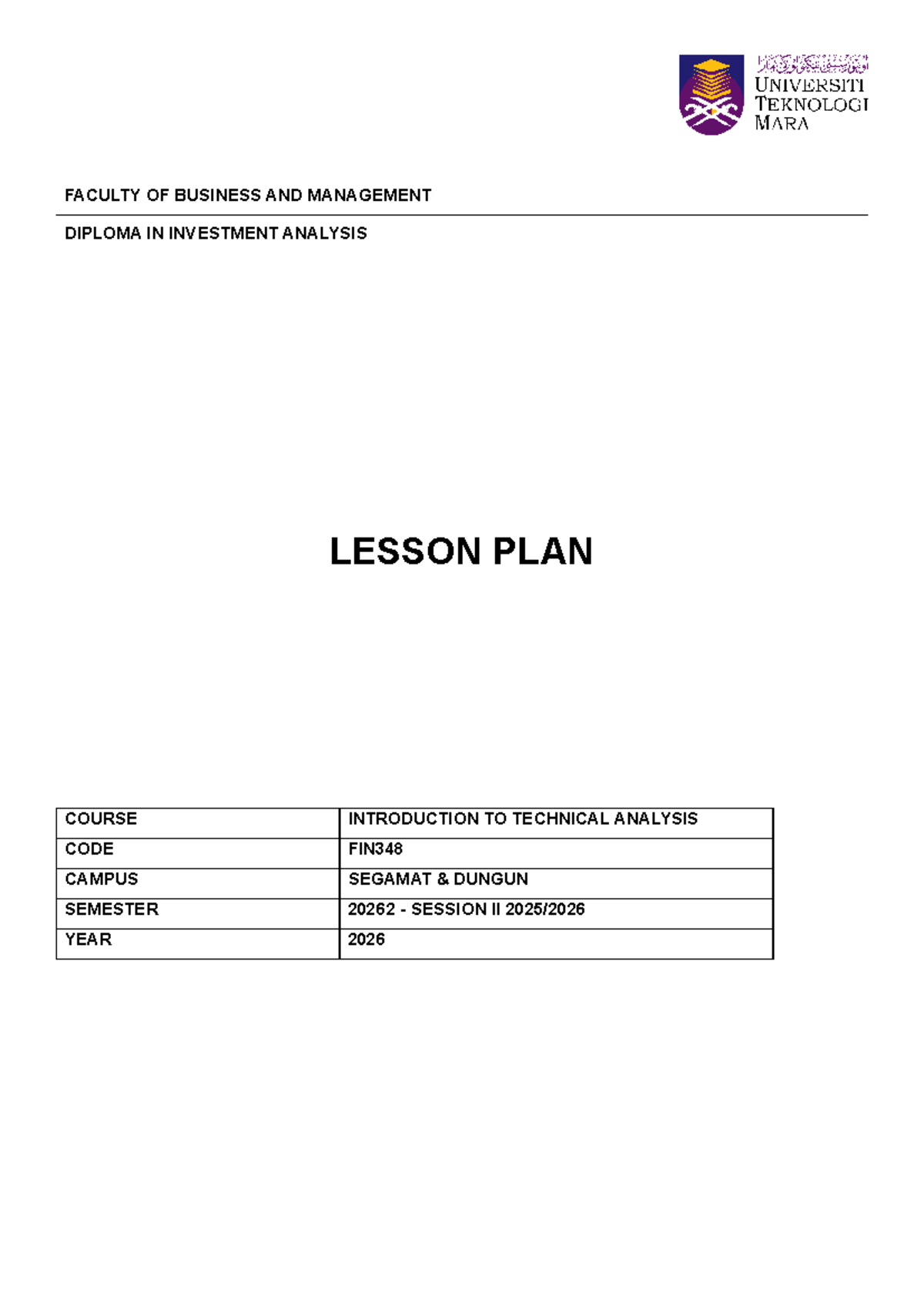 FIN348 Lesson Plan: Introduction to Technical Analysis (2026) - Studocu
