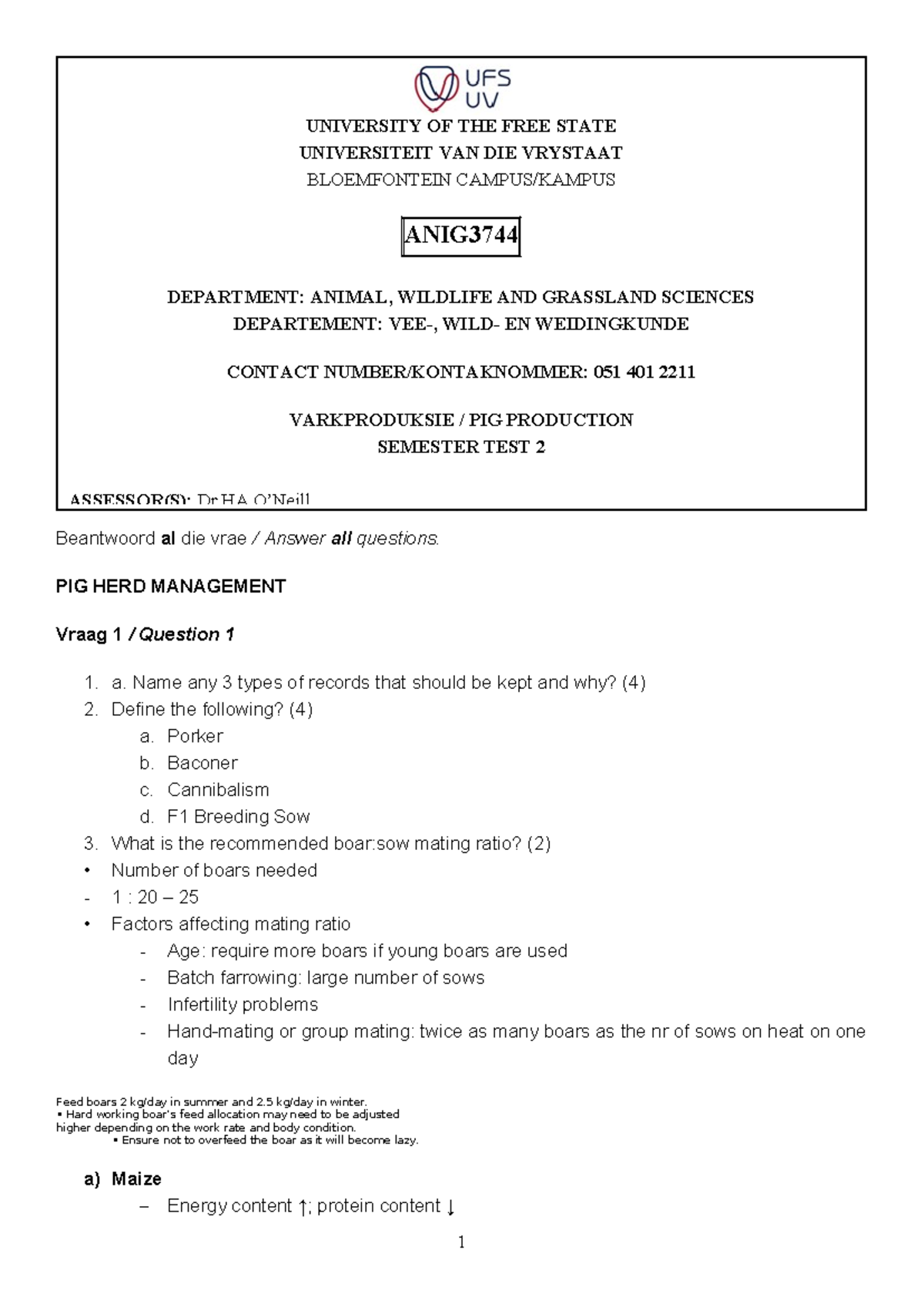 ANIG3744 Pig Production Semester Test 2 Notes - Studocu