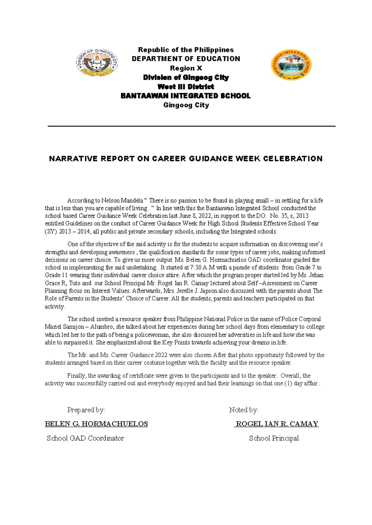narrative report - Republic of the Philippines DEPARTMENT OF EDUCATION ...