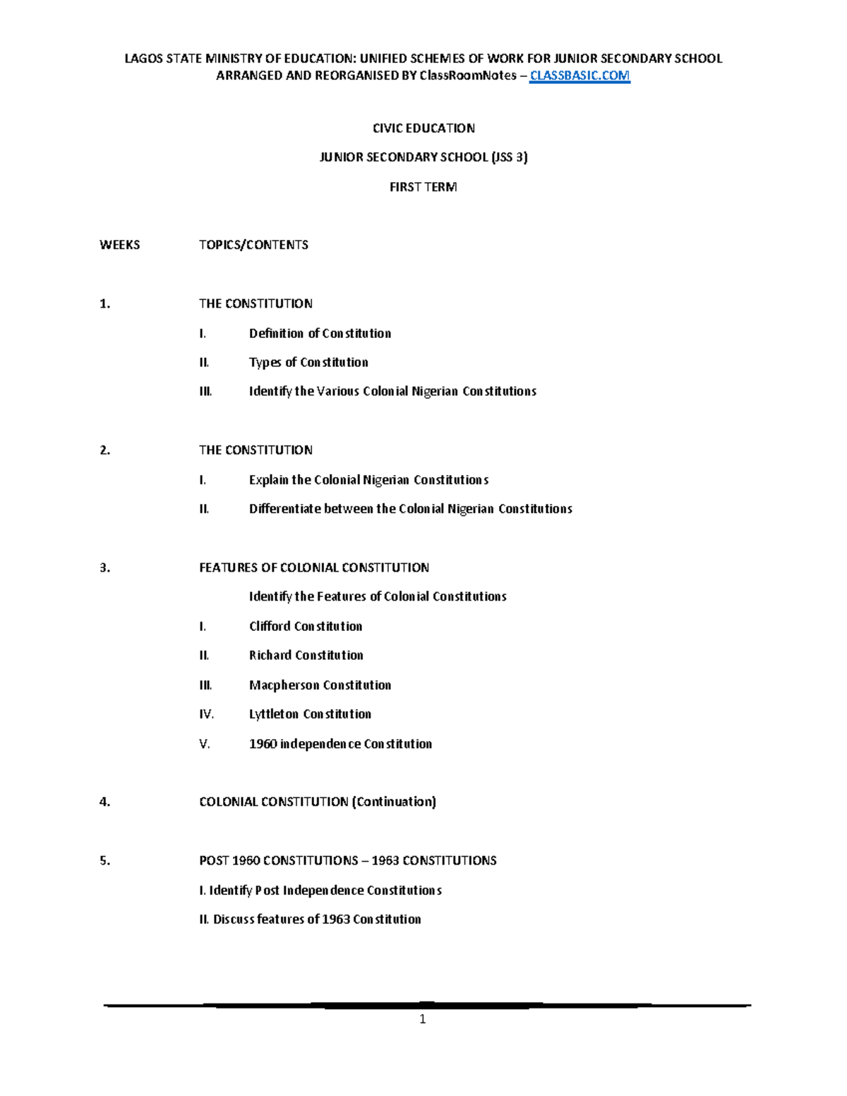 Civic Education Scheme of Work for JSS 3: Unified Curriculum Overview ...