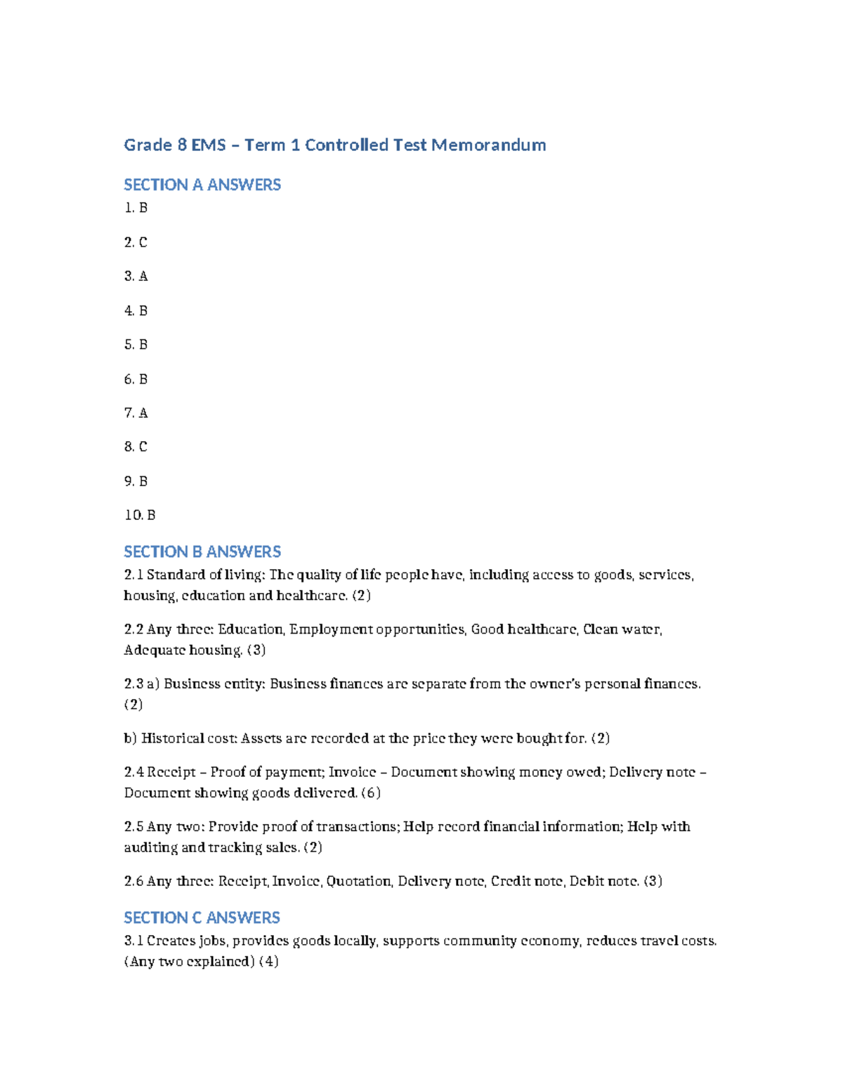 Grade 8 EMS Term 1 Controlled Test Memo: Answer Key & Explanations ...
