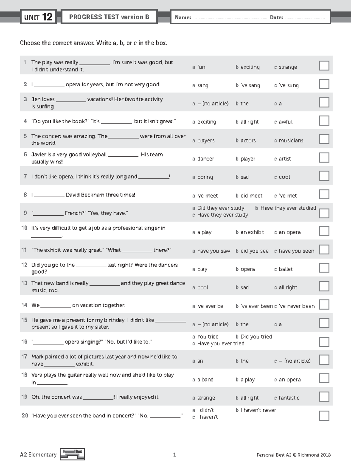 PB Am E A2 Unit Test U12 Version B - Answer Key Guide - Studocu