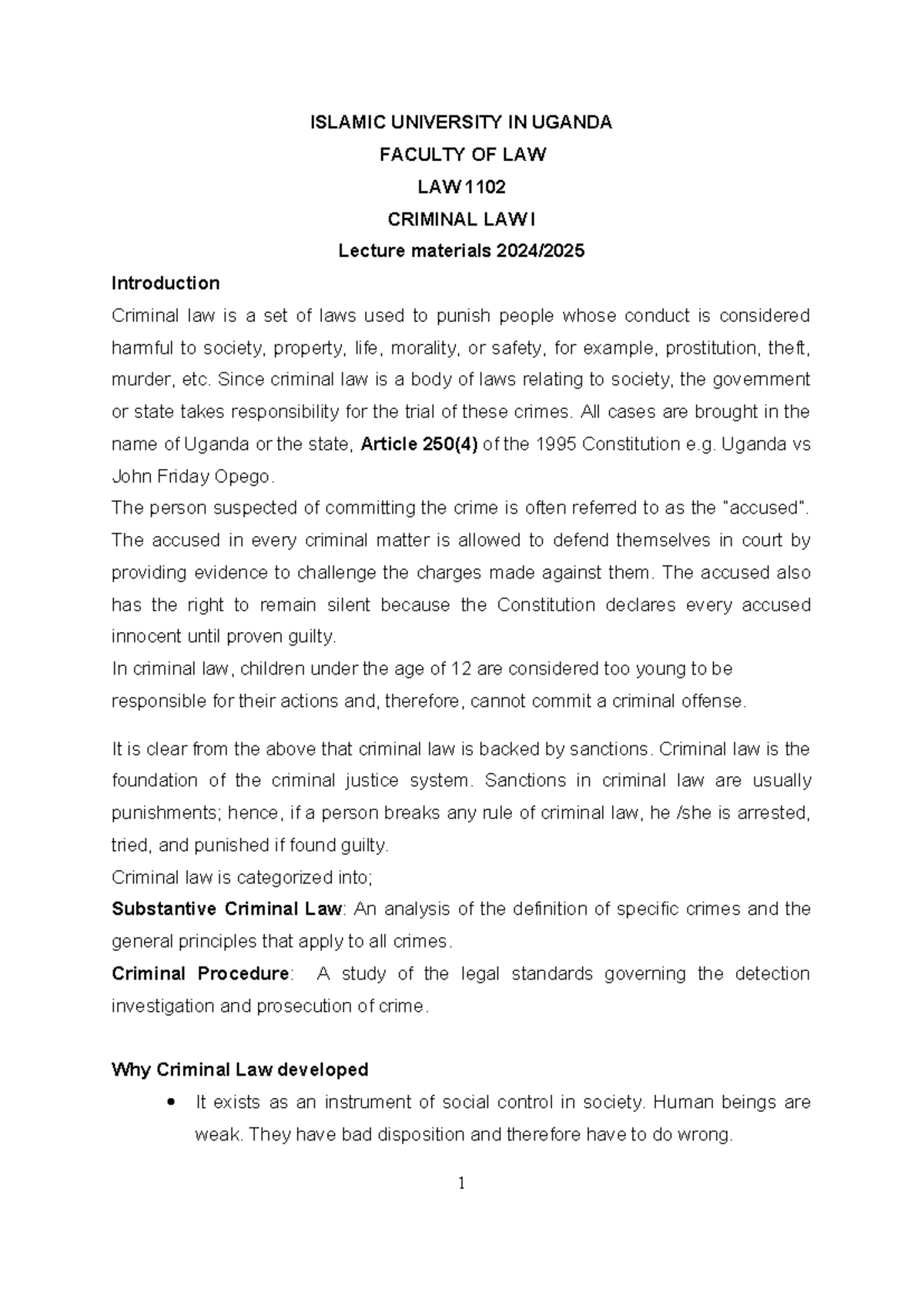 LAW 1102 Criminal Law I Lecture Notes - 2024 Edition - Studocu