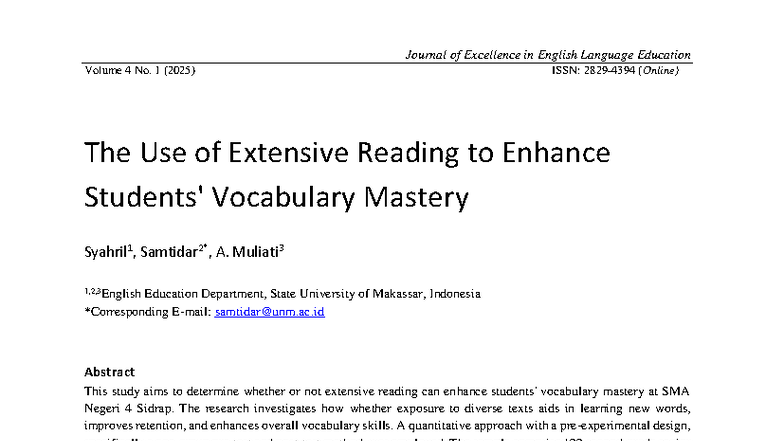 The Use of Extensive Reading to Enhance Vocabulary Mastery in EFL: A ...