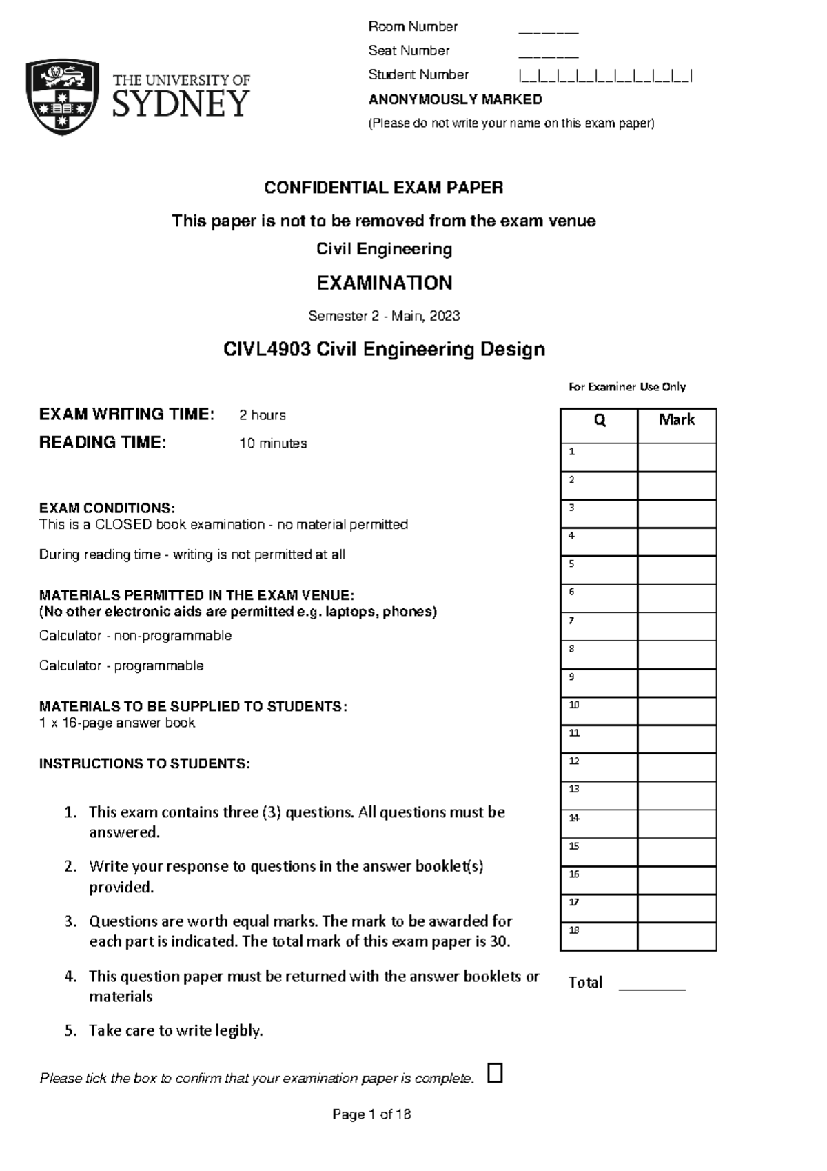 CIVL4903 Final Exam Paper - Civil Engineering Design S2 2023 - Studocu