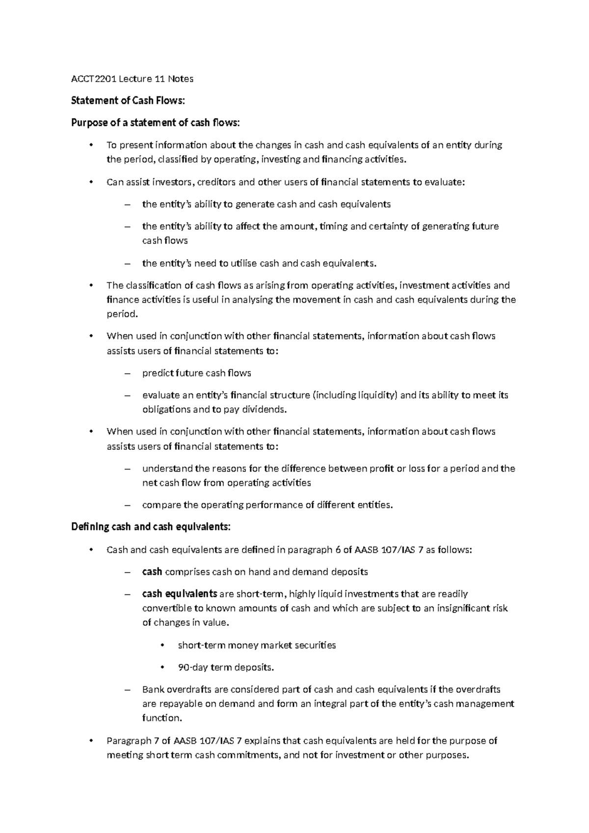 ACCT2201 Lecture 11 Notes: Understanding the Statement of Cash Flows ...