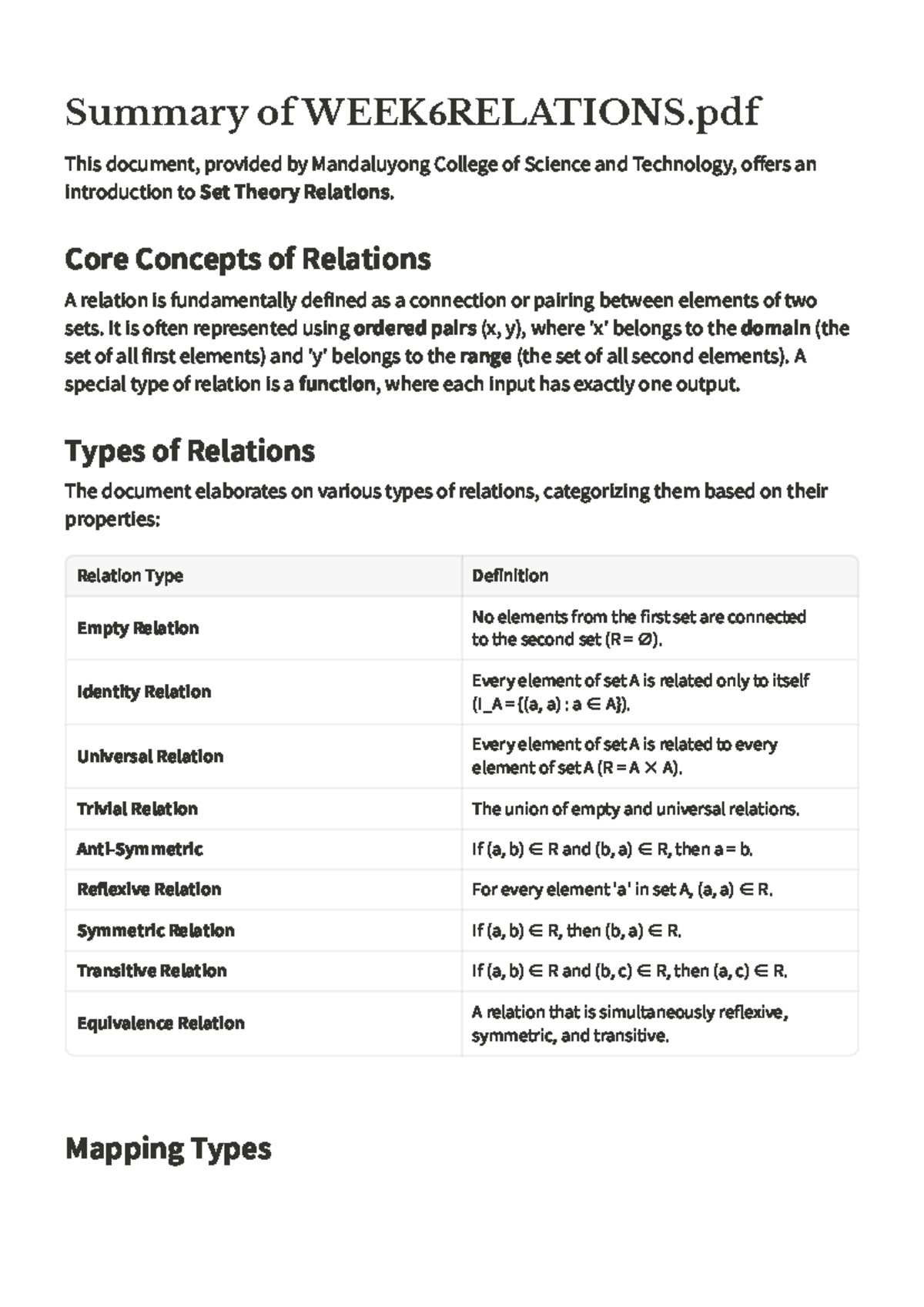 WEEK 6: Summary of Set Theory Relations Concepts and Types - Studocu