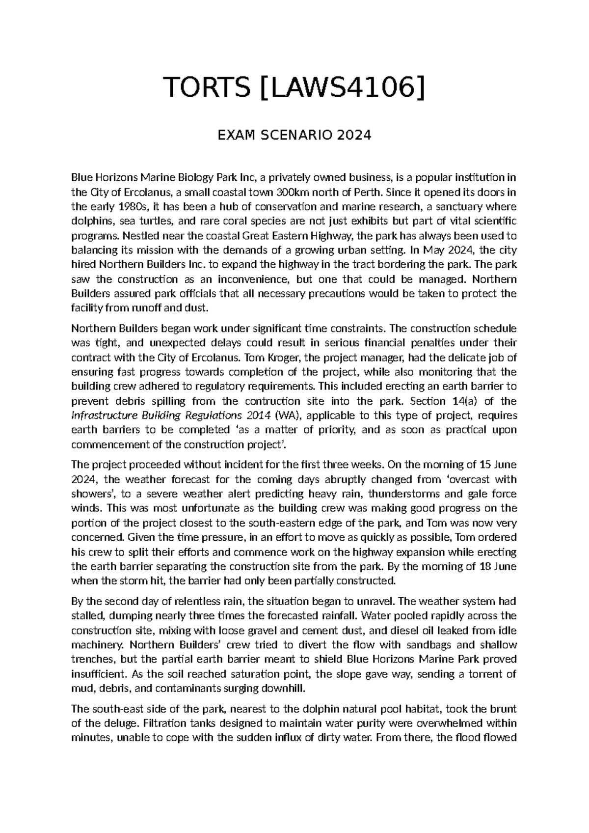 Torts - exam scenario 2024 Final - TORTS [LAWS4106] EXAM SCENARIO 2024 ...