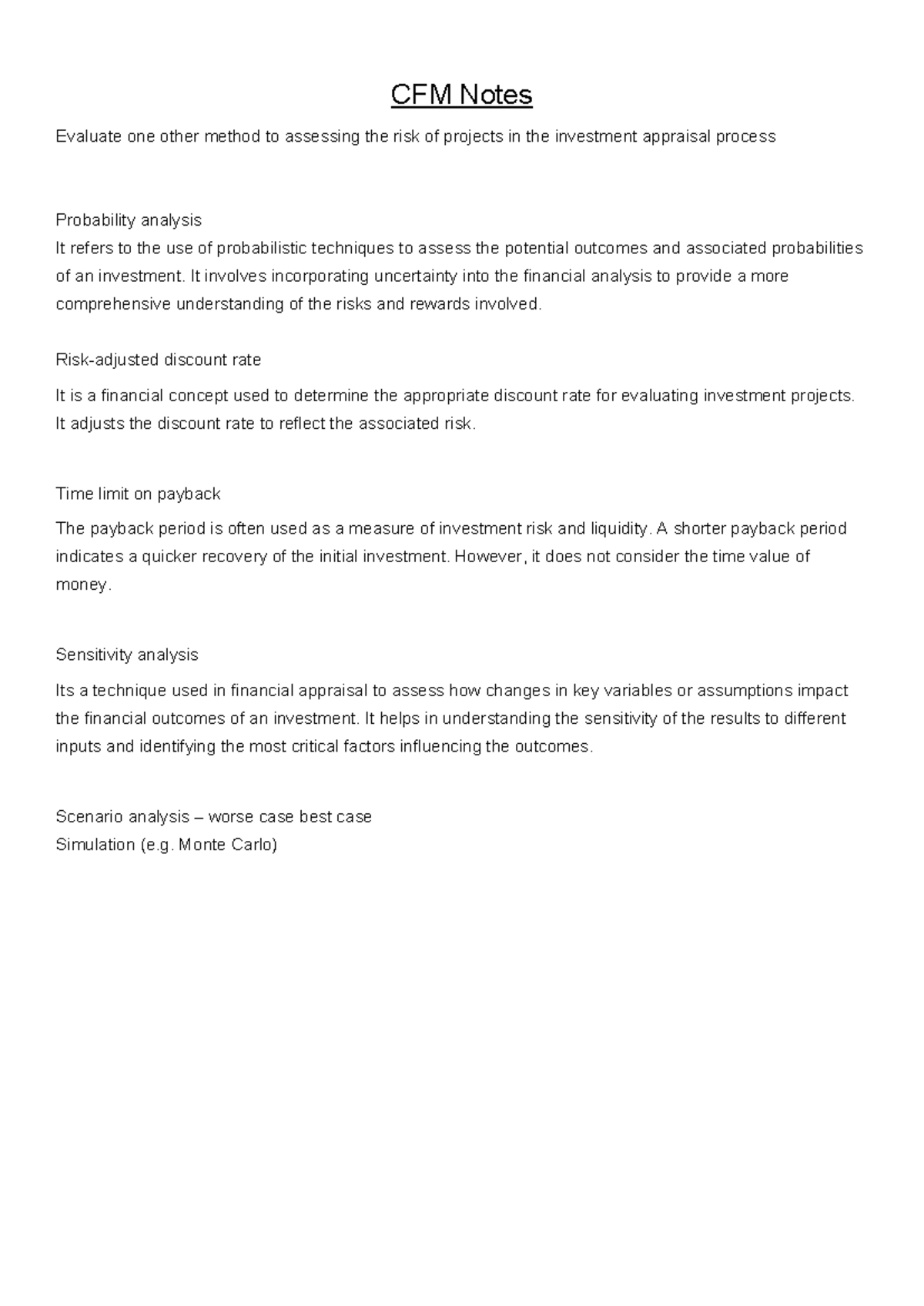 CFM Notes - Summary of Risk Assessment Methods in Financial Management ...
