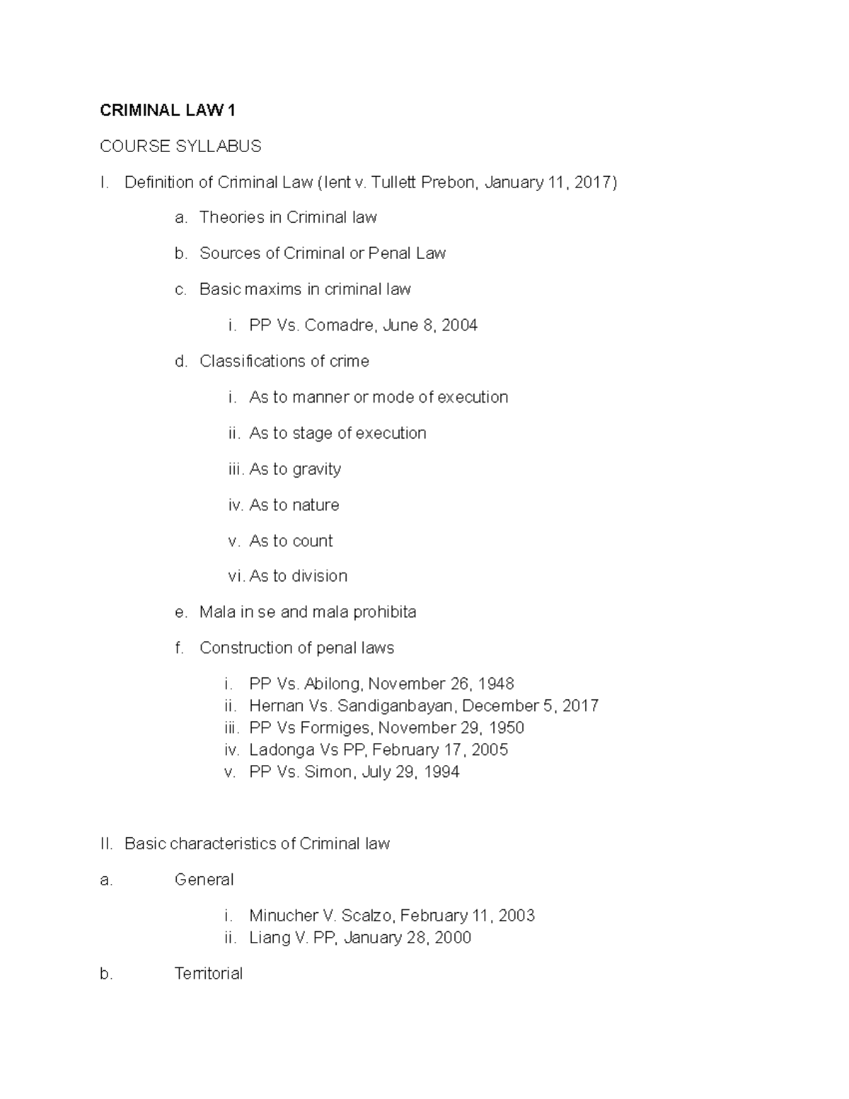 Criminal Law 1 Syllabus: Key Concepts and Legal Precedents - Studocu