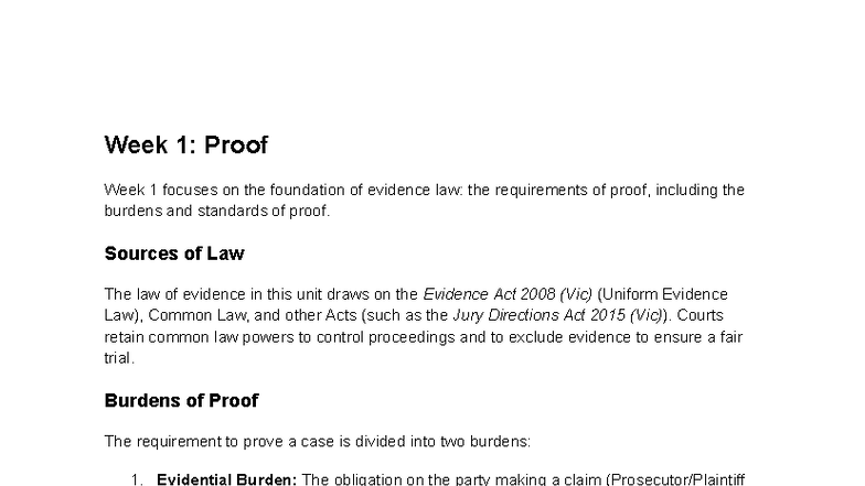 Evidence Law Basics: Week 1-10 Overview (Course Code: LAW101) - Studocu
