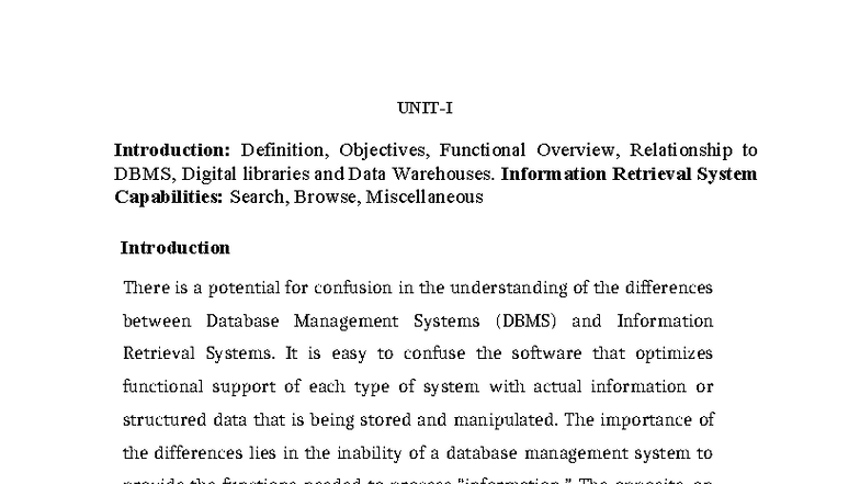 IRS UNIT 1: Overview of Information Retrieval Systems and DBMS - Studocu