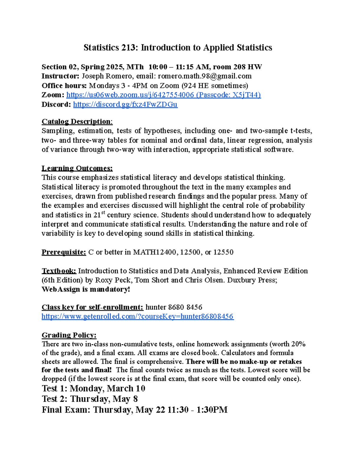 Stat 213.02 Spring 2025 Course Syllabus & Important Info - Studocu