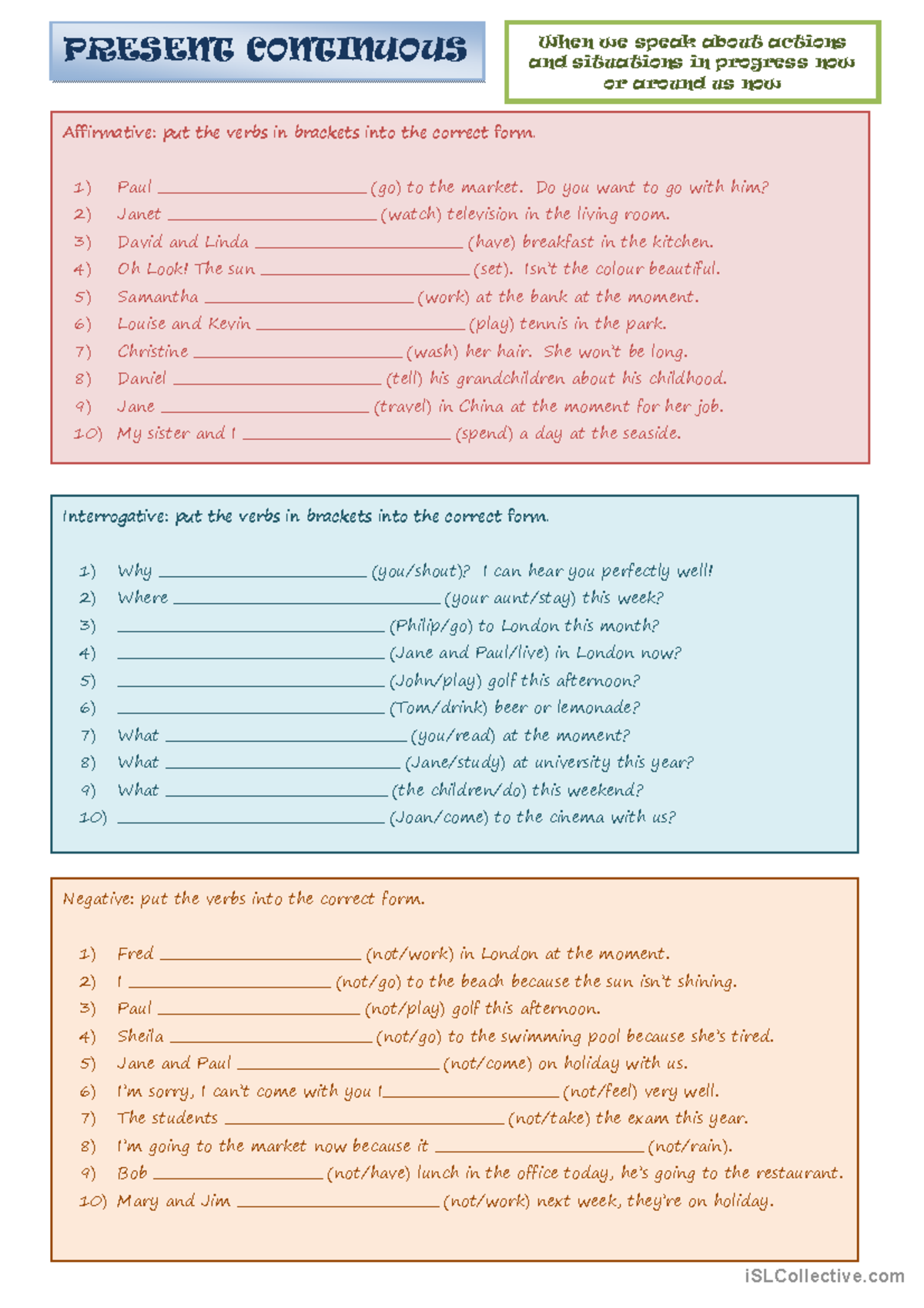 Present Continuous: Exercises on Affirmative, Interrogative, and ...