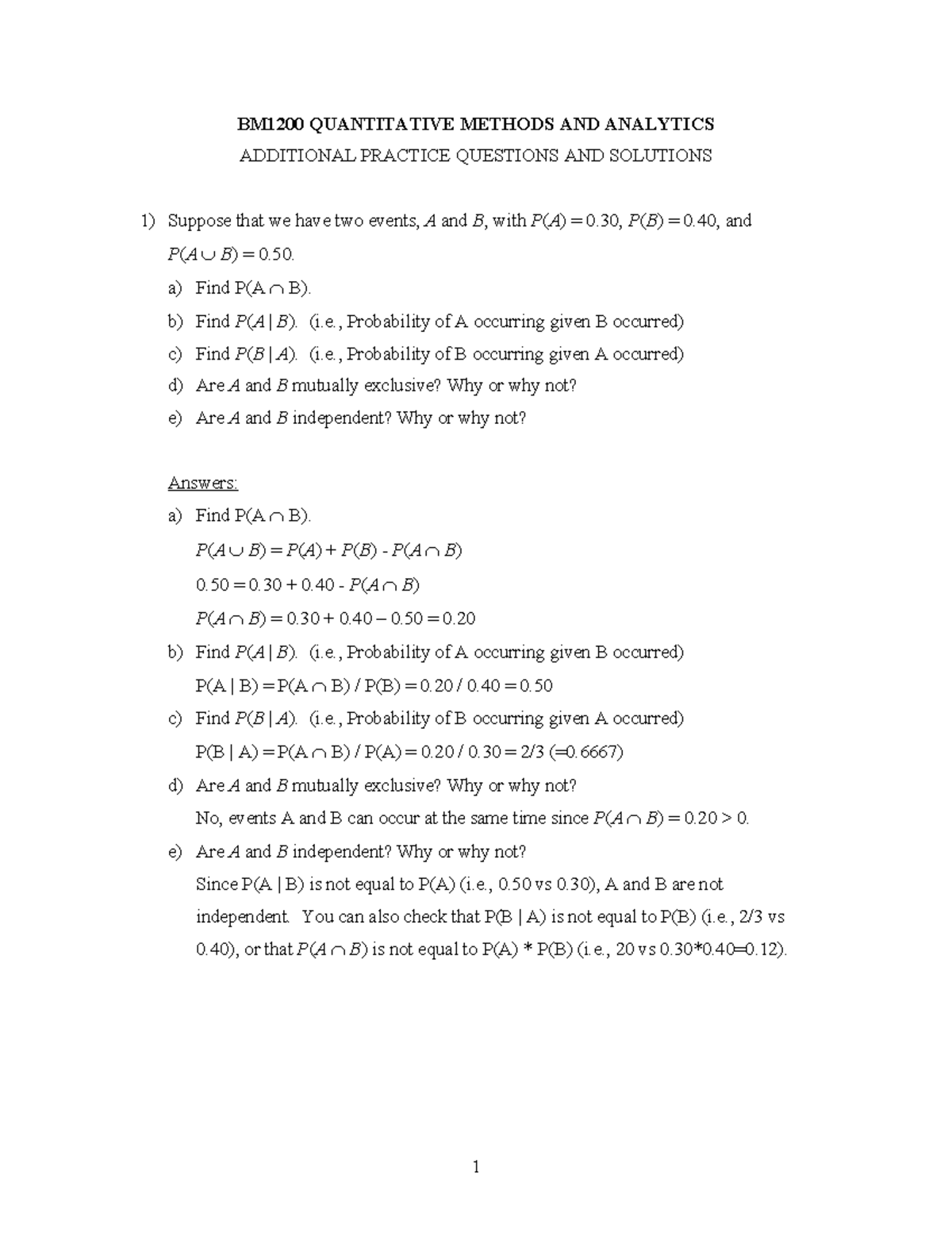 Additional Practice Solutions - BM1200 QUANTITATIVE METHODS AND ...