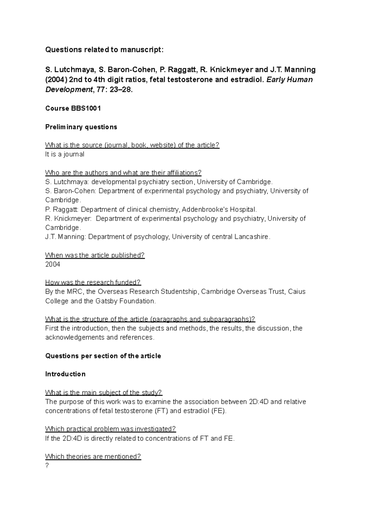 BBS1001: Preliminary Questions on 2D:4D Ratios and Hormones Study ...