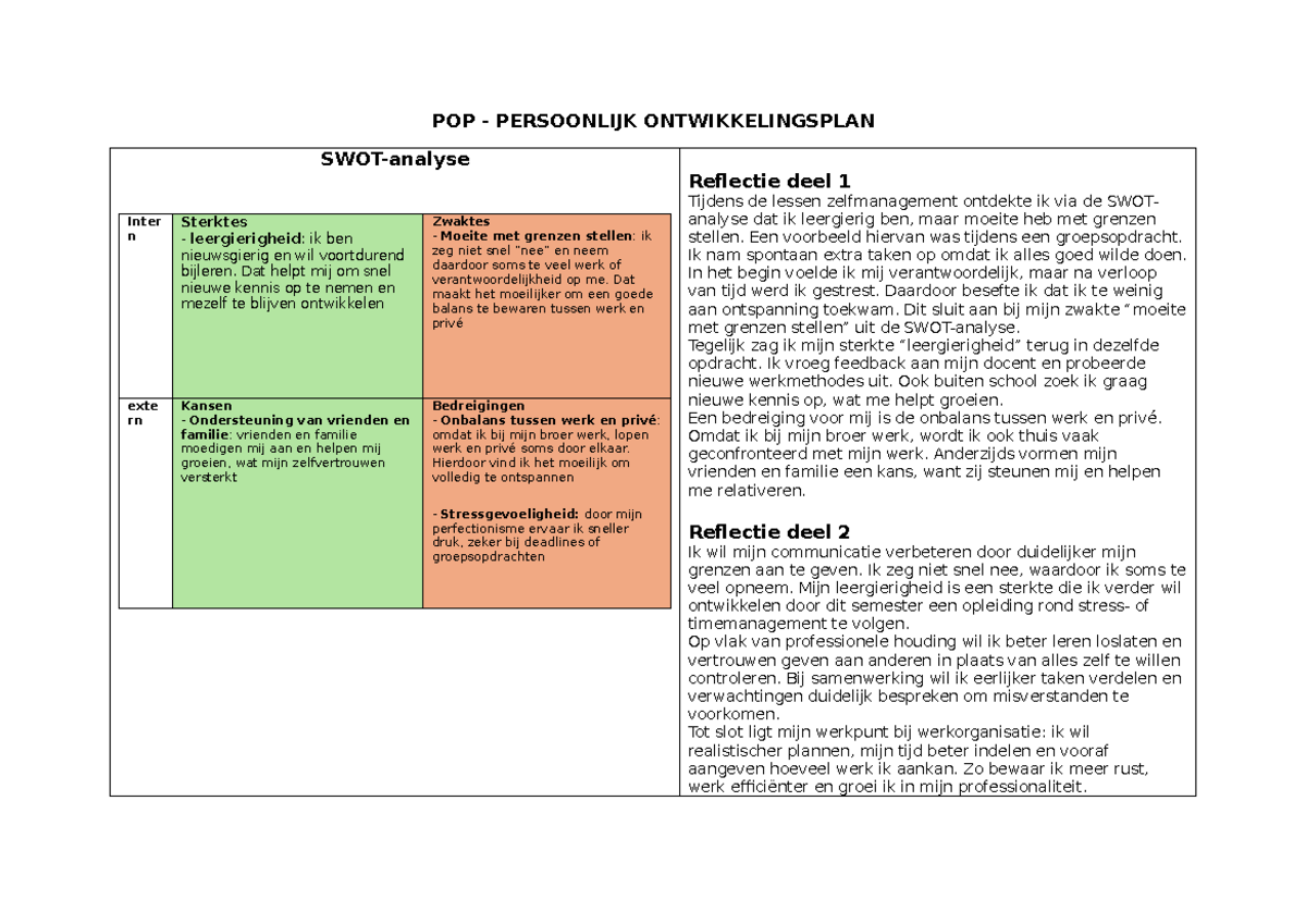 POP Persoonlijk Ontwikkelingsplan: SWOT, Reflecties en SMART Doelen ...