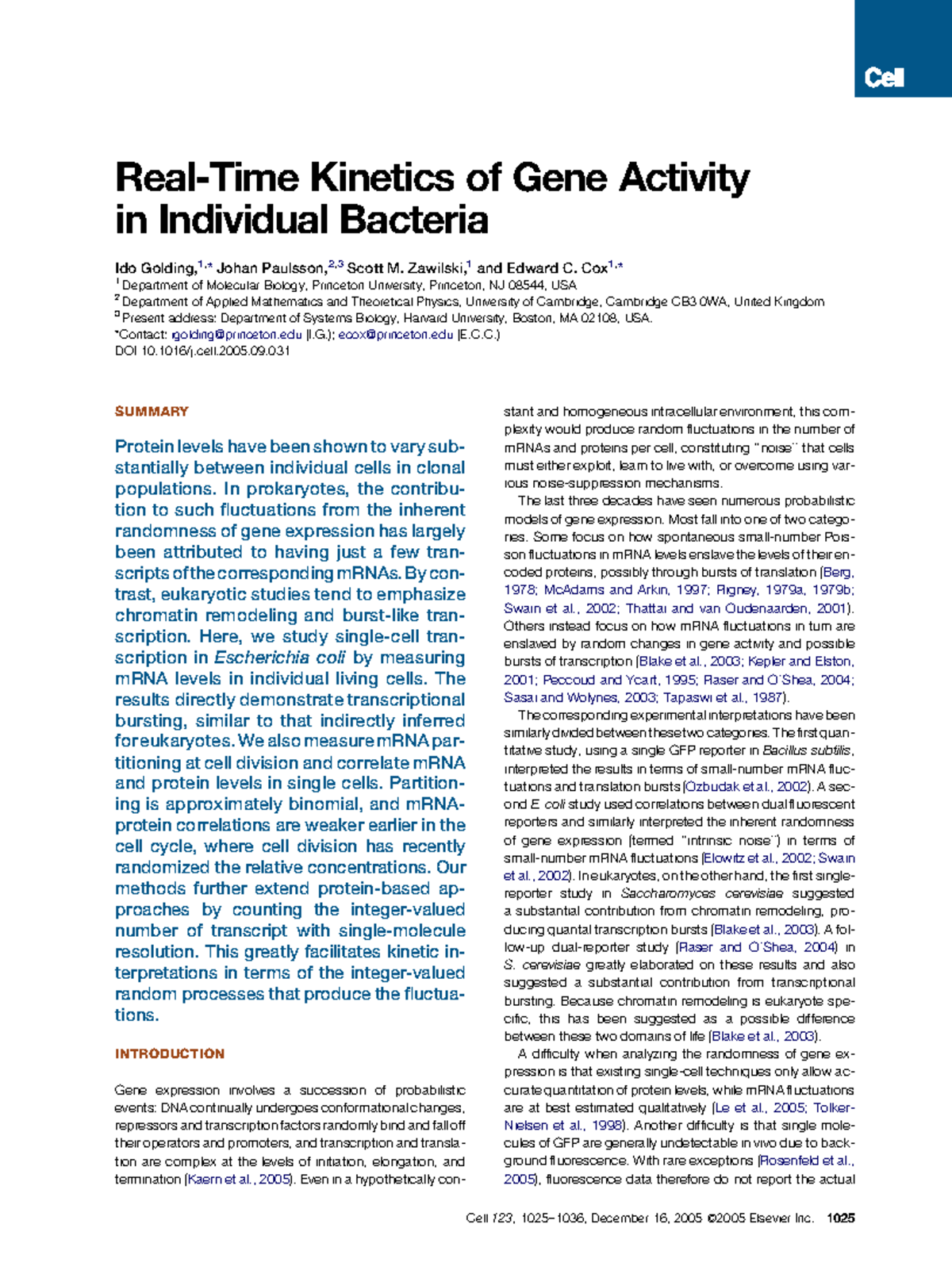 Real-Time Kinetics of Gene Activity in E. coli: Insights and Methods ...