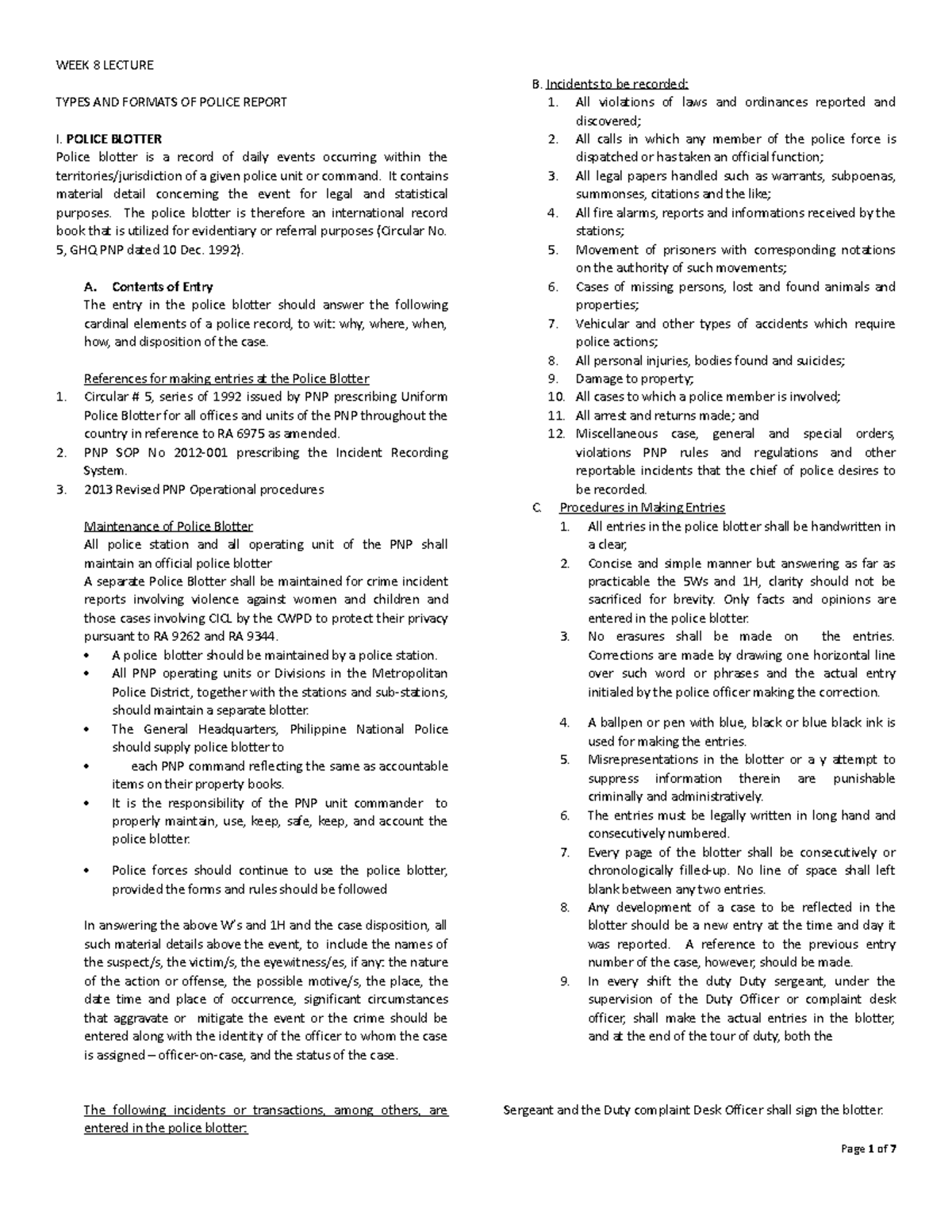 WEEK 8 LECTURE: POLICE REPORT TYPES & FORMATS - Studocu