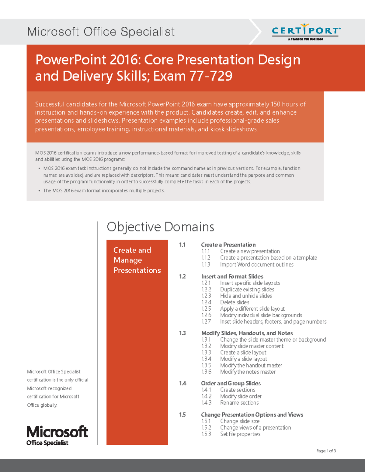 MOS Power Point 2016 Objectives - Page 1 of 3 PowerPoint 2016: Core ...