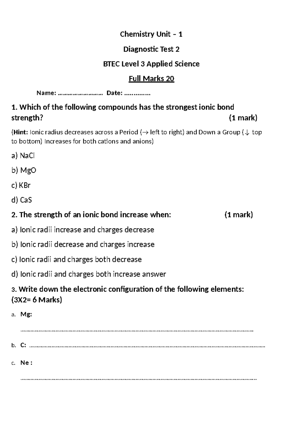 Chemistry Unit 1 Diagnostic Test Btec Level 3 Applied Science Studocu