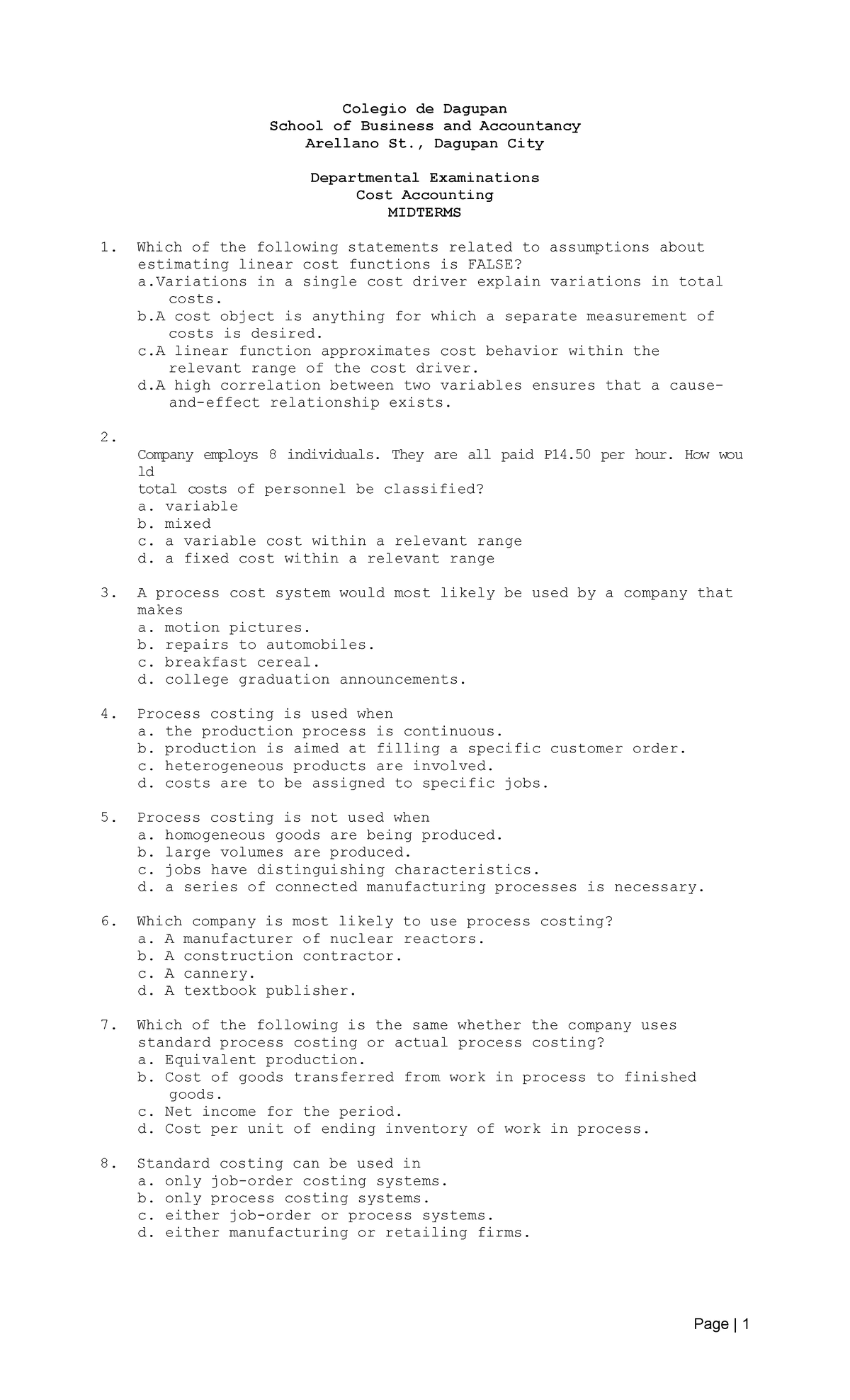 Management Accounting 2: Cost Accounting Midterm Exam Review - Studocu