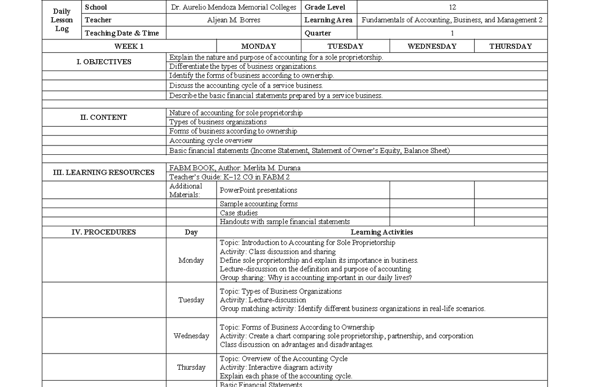 Daily Lesson Log: FABM 2 - Week 1 Overview and Activities - Studocu