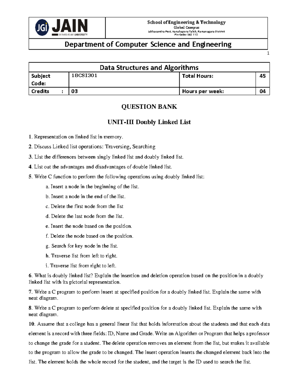 DSA Question Bank 18CSI301: Doubly Linked Lists and Graphs - Studocu
