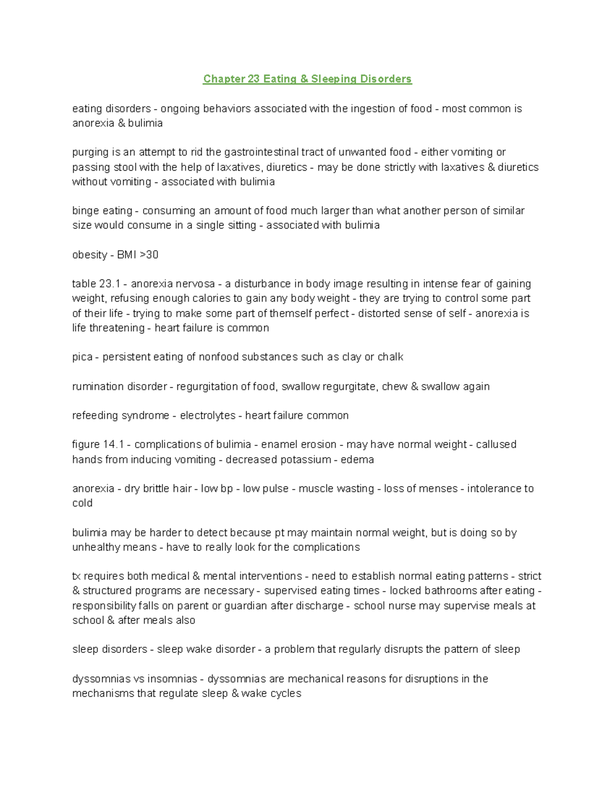 Mental Health (PSY 101) Final Exam Study Notes: Eating & Sleeping ...