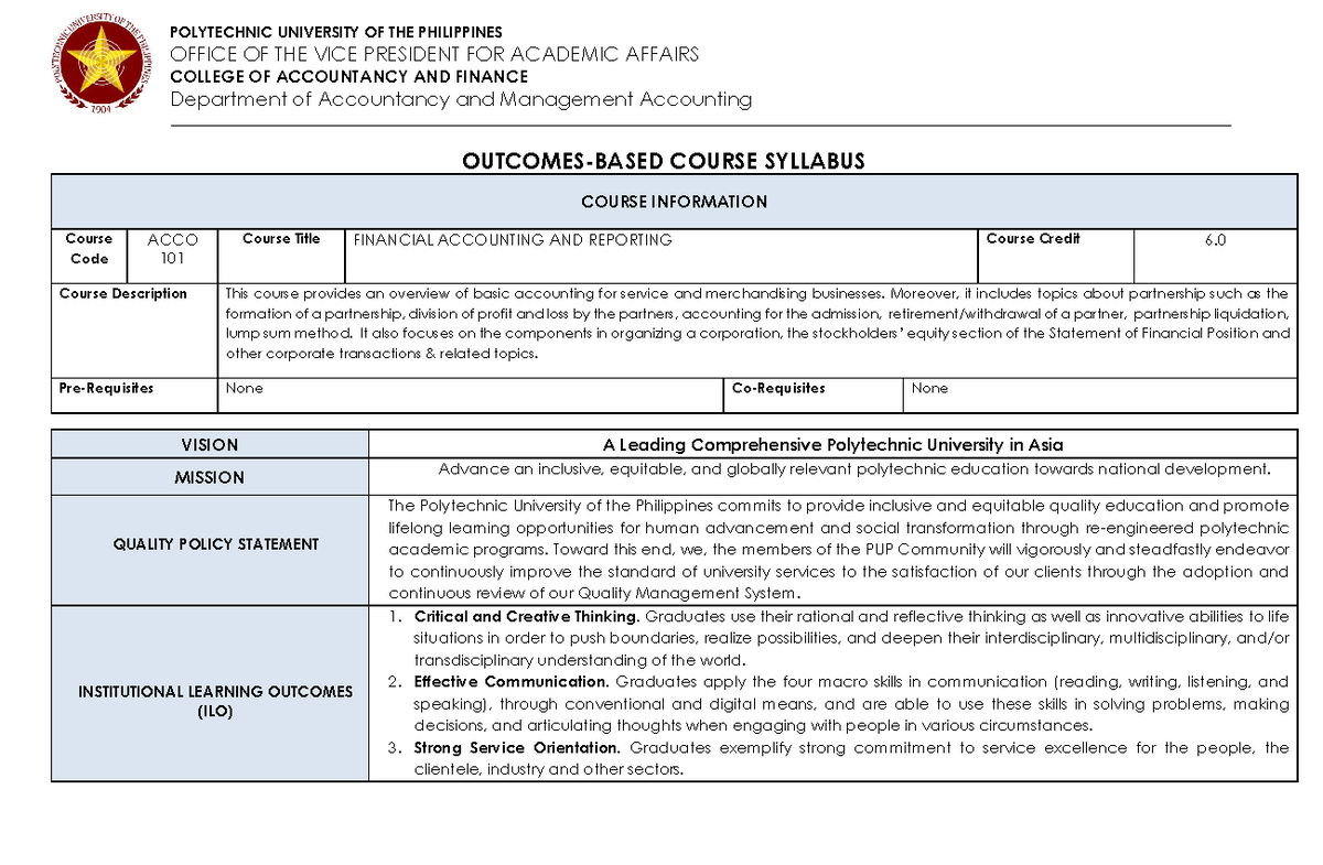 ACCO 101 - Financial Accounting and Reporting Course Syllabus - Studocu