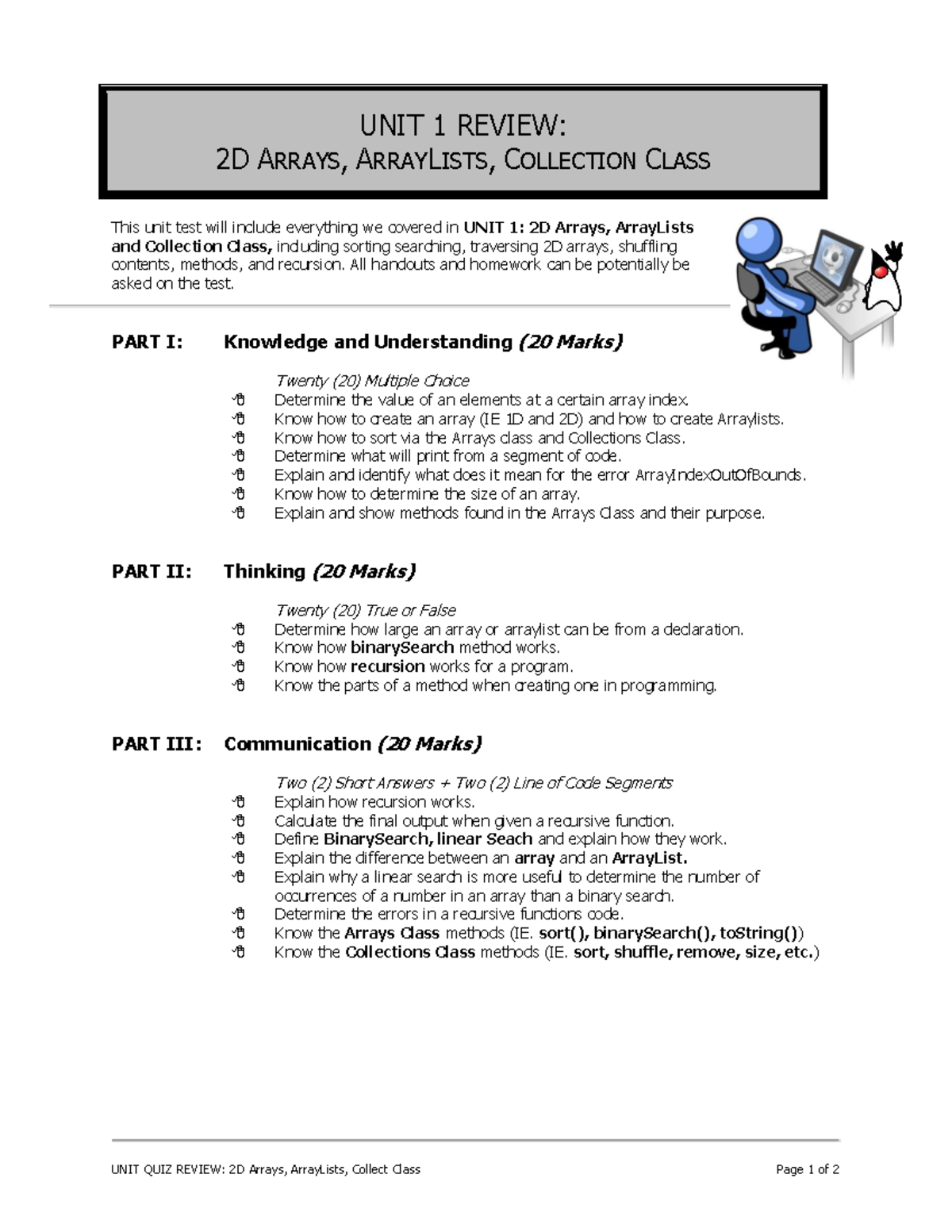 Unit 1 Review: 2D Arrays, ArrayLists & Collection Class - Studocu