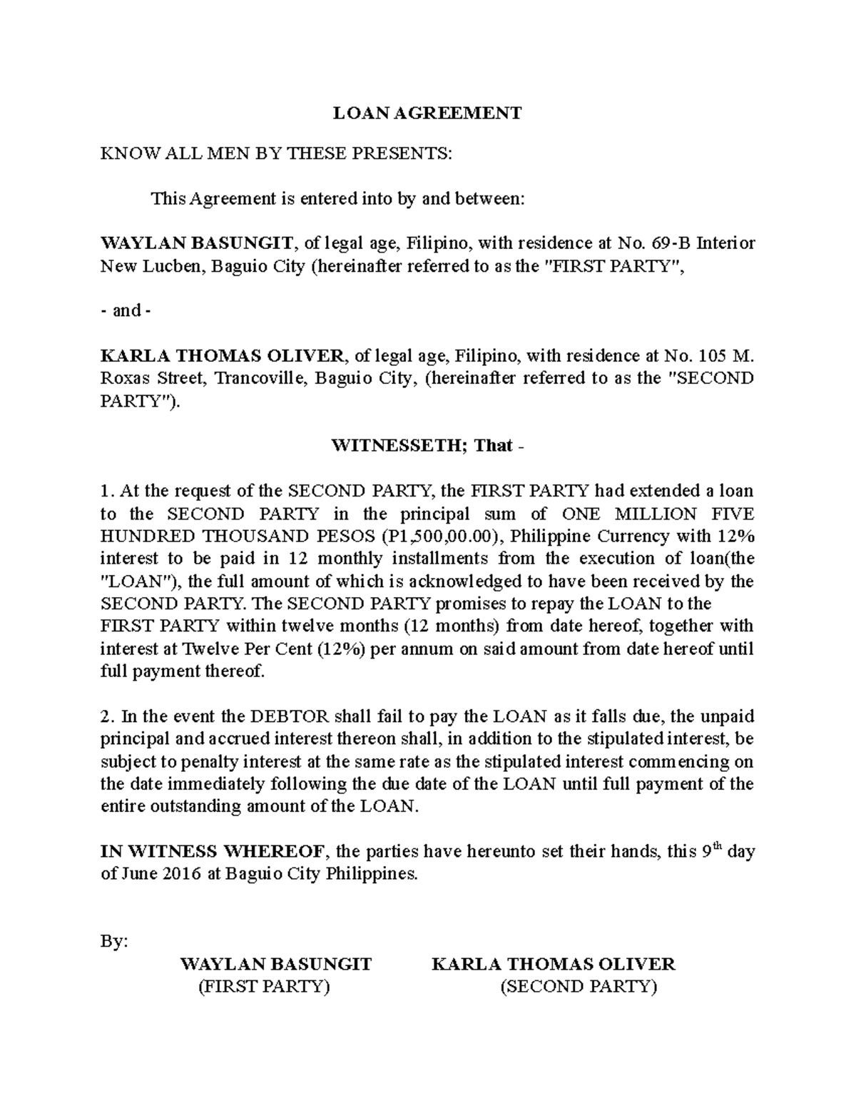 LOAN-Agreement: Terms & Conditions between Waylan Basungit & Karla ...