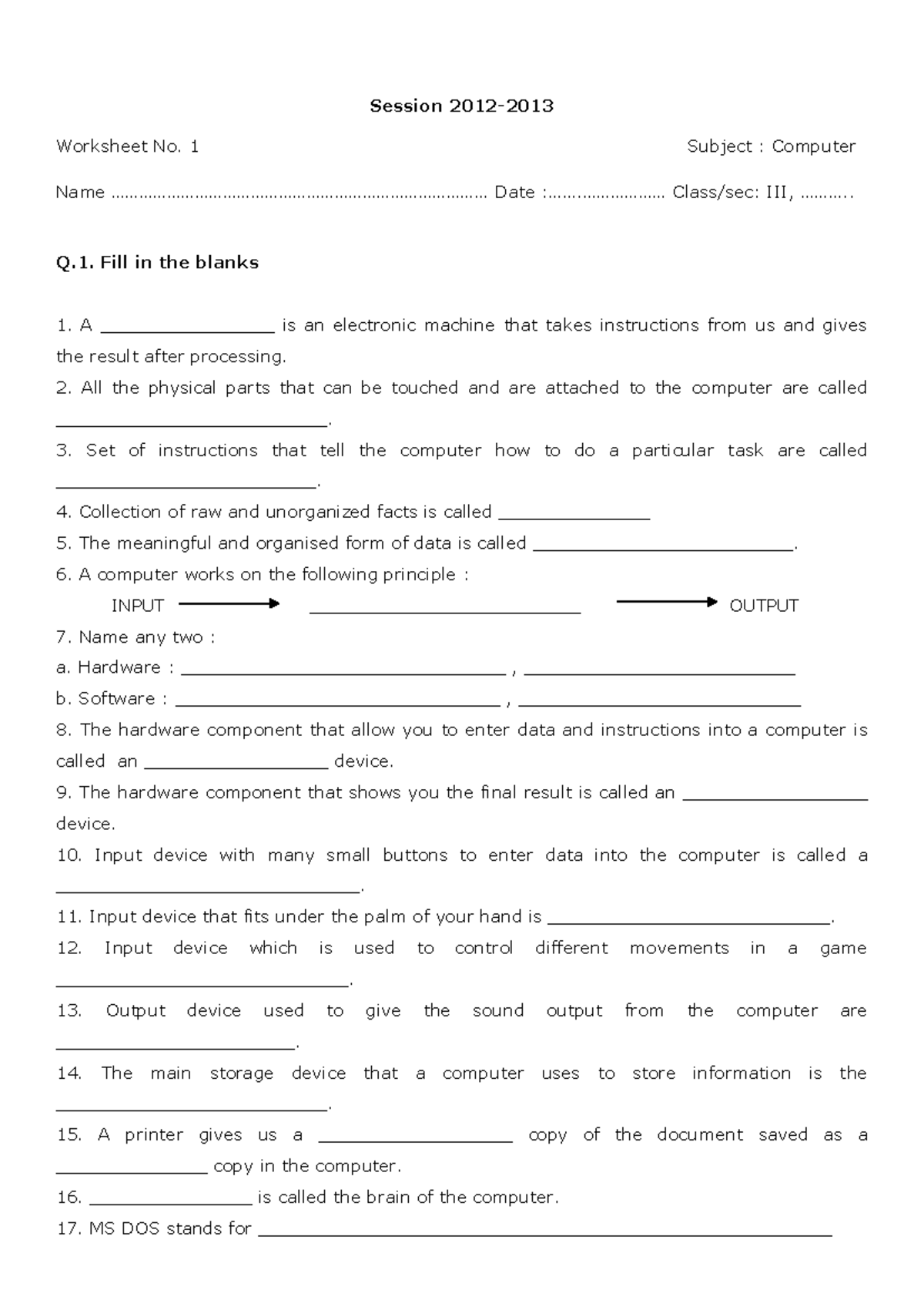 CBSE Class 3 Computer Practice Worksheet: Session 1 Fill-in-the-Blanks ...