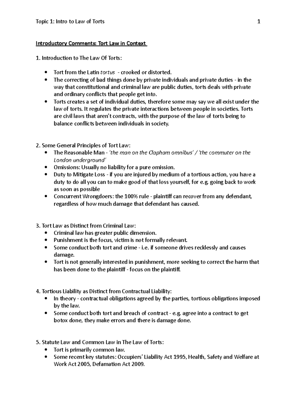 Topic 1 - Introduction to the Law of Torts (Legal Studies 101) - Studocu
