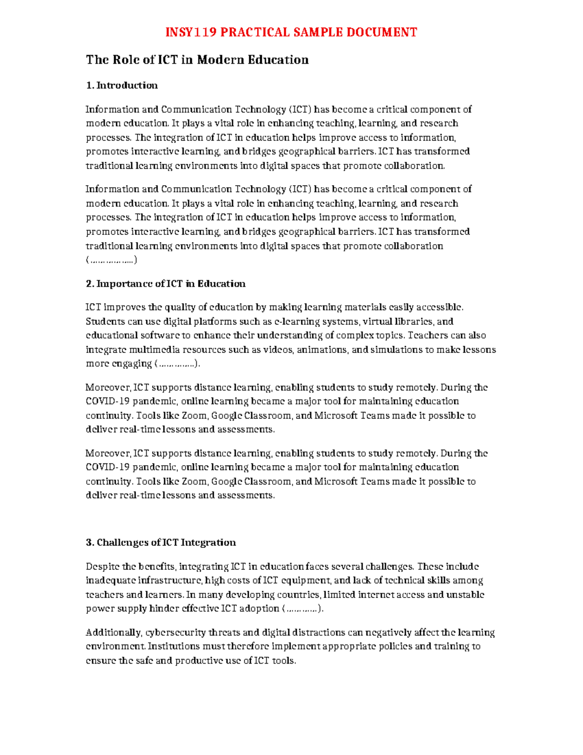 INSY119 PRACTICAL SAMPLE: The Role of ICT in Modern Education - Studocu