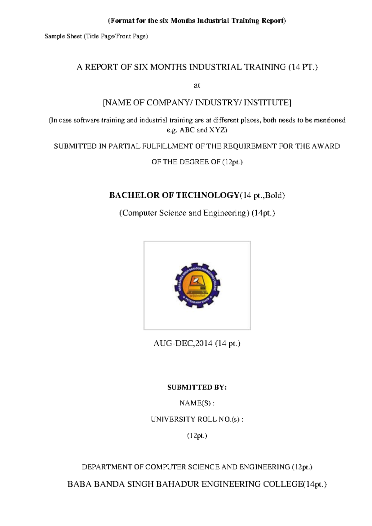 Final Report Format for Six-Month Industrial Training (CSE 101) - Studocu