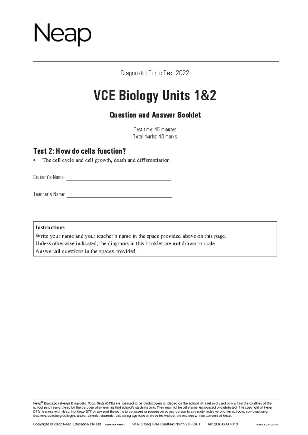 VCE Biology Units 1 & 2 Diagnostic Topic Test 2: Cell Function & Growth ...