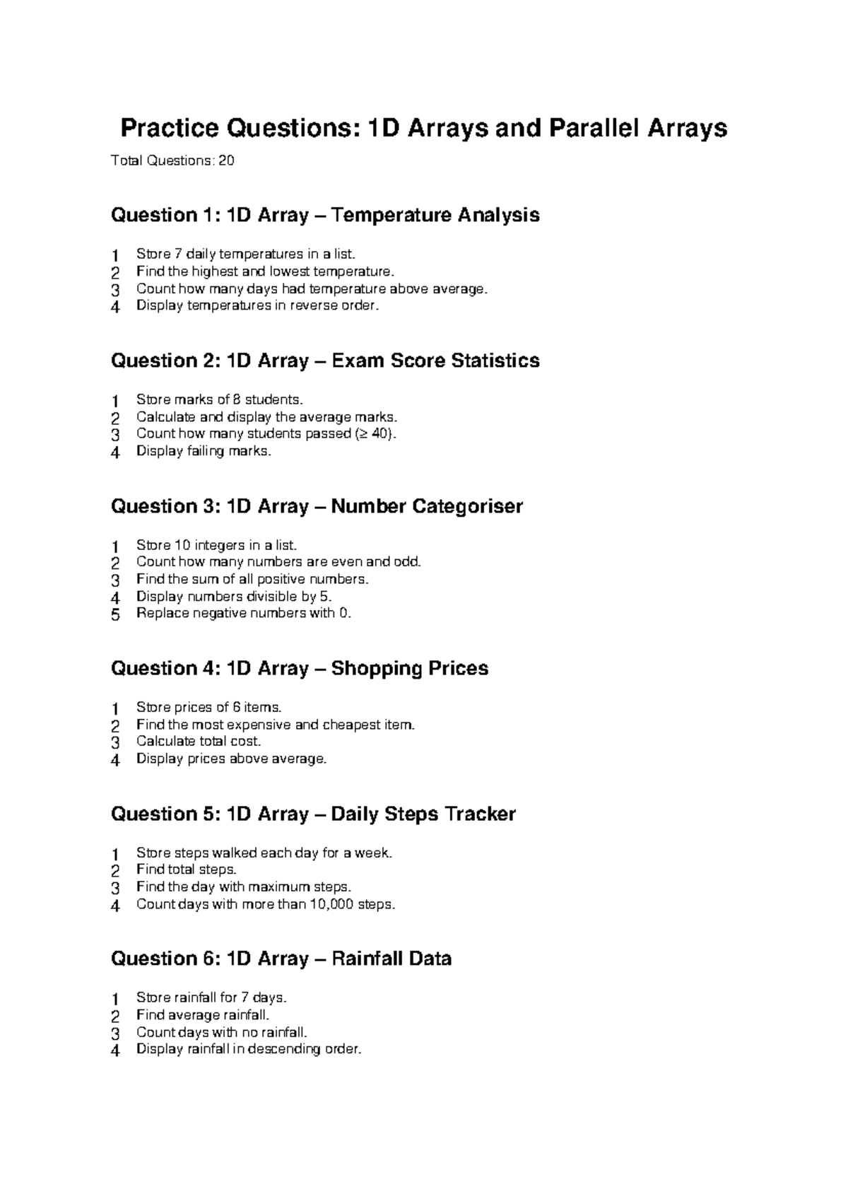 1D & Parallel Arrays: 20 Practice Questions for Mastery - Studocu